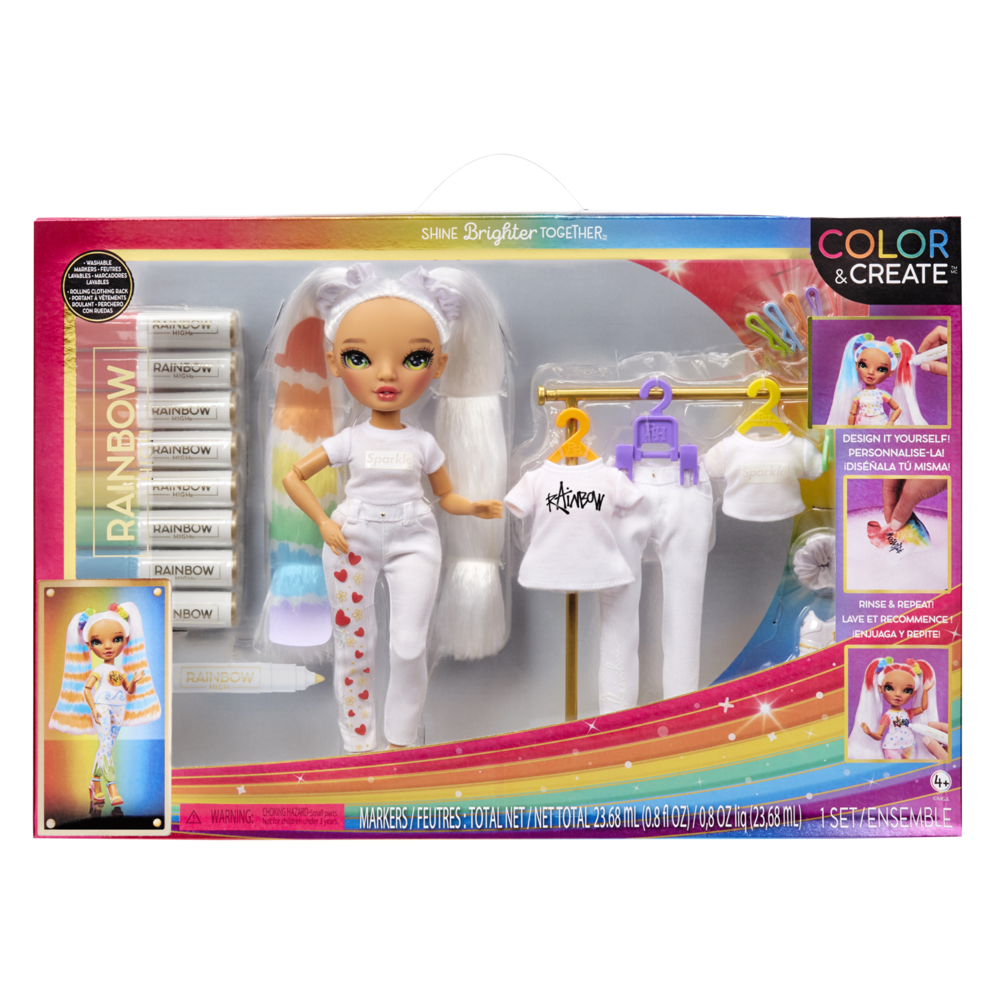 Rainbow high color & create diy fashion doll deluxe playset con pennarelli lavabili, occhi verdi, capelli lisci, vestiti bonus, portapacchi - Rainbow High