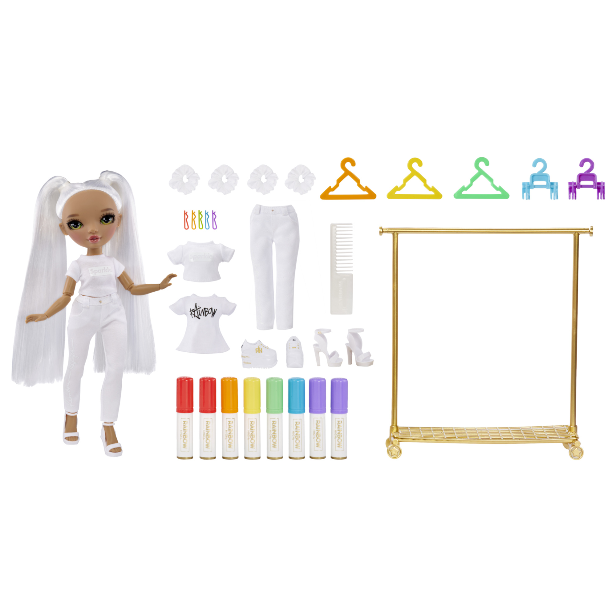 Rainbow high color & create diy fashion doll deluxe playset con pennarelli lavabili, occhi verdi, capelli lisci, vestiti bonus, portapacchi - Rainbow High