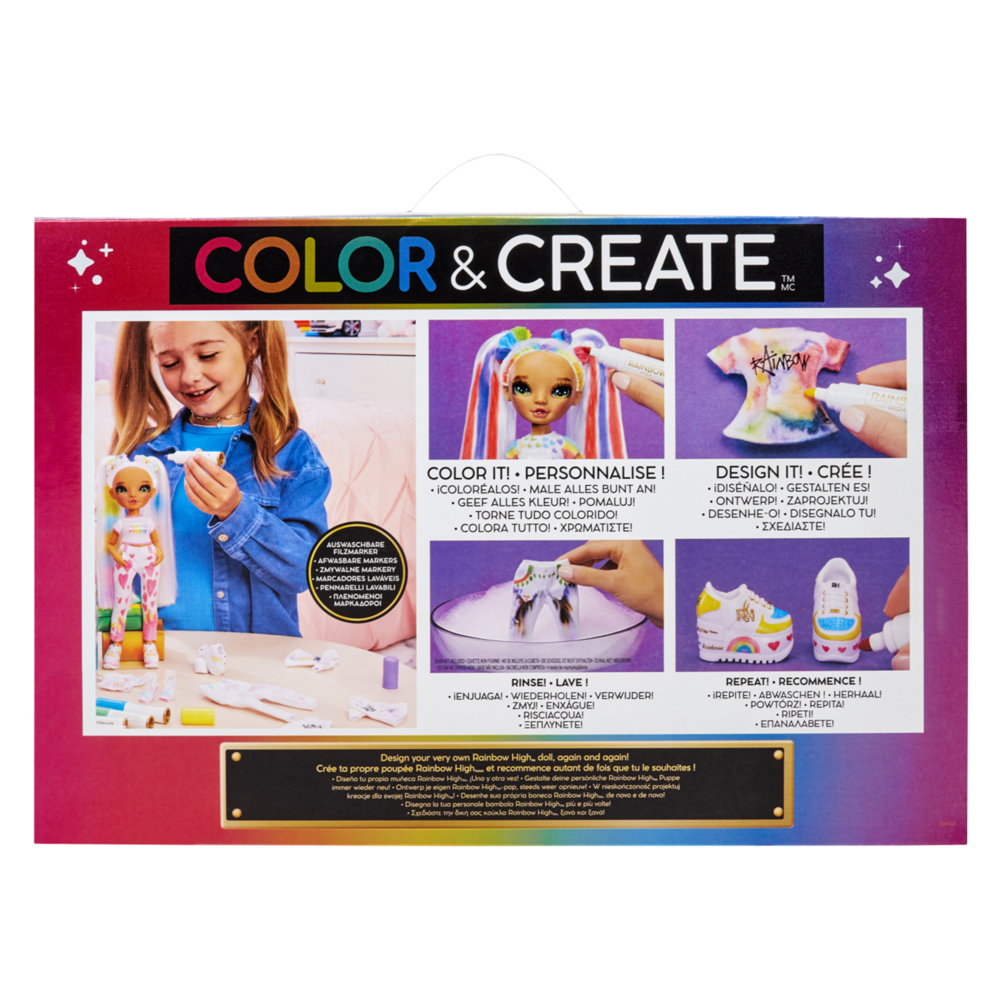 Rainbow high color & create diy fashion doll deluxe playset con pennarelli lavabili, occhi verdi, capelli lisci, vestiti bonus, portapacchi - Rainbow High