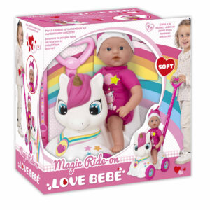 Bambola con cavalcabile unicorno per passeggiate divertenti 37 cm - love bebè - LOVE BEBÈ, SUPERSTAR