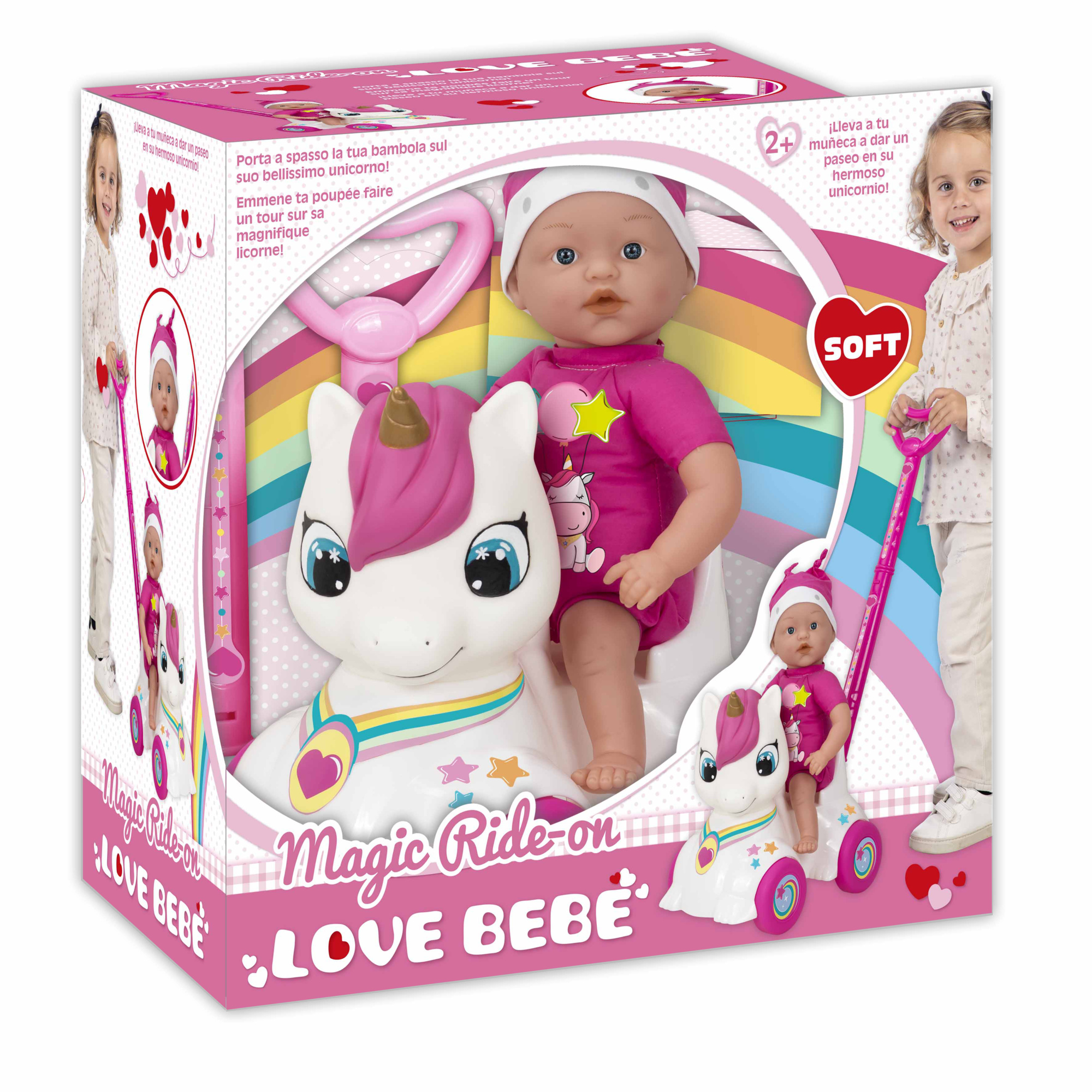 Bambola con cavalcabile unicorno per passeggiate divertenti 37 cm - love bebè - SUPERSTAR