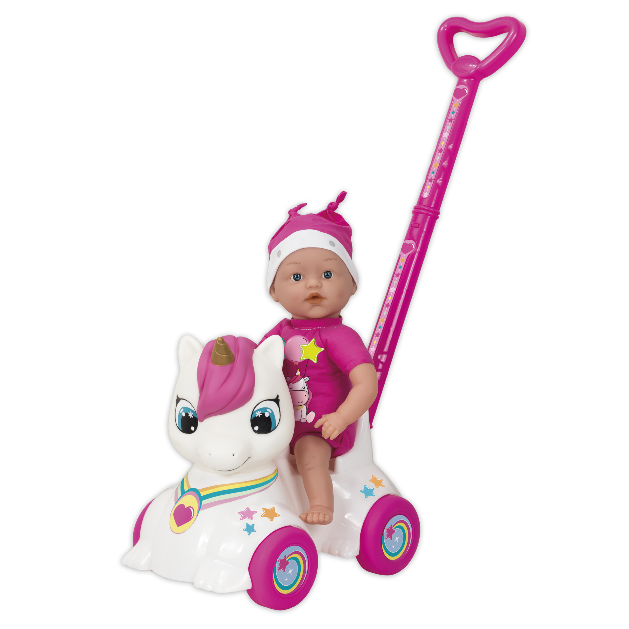 Bambola con cavalcabile unicorno per passeggiate divertenti 37 cm - love bebè - SUPERSTAR