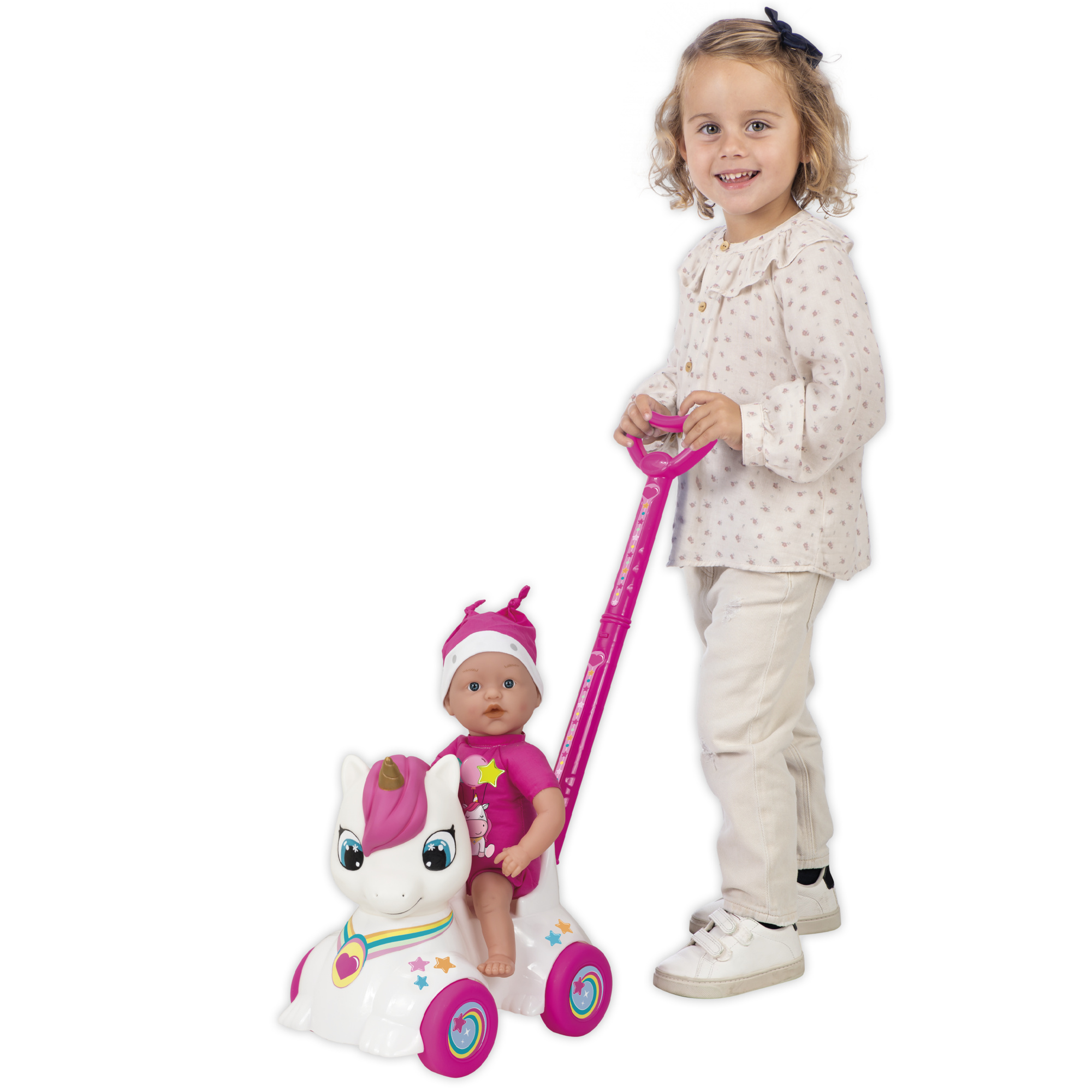 Bambola con cavalcabile unicorno per passeggiate divertenti 37 cm - love bebè - SUPERSTAR