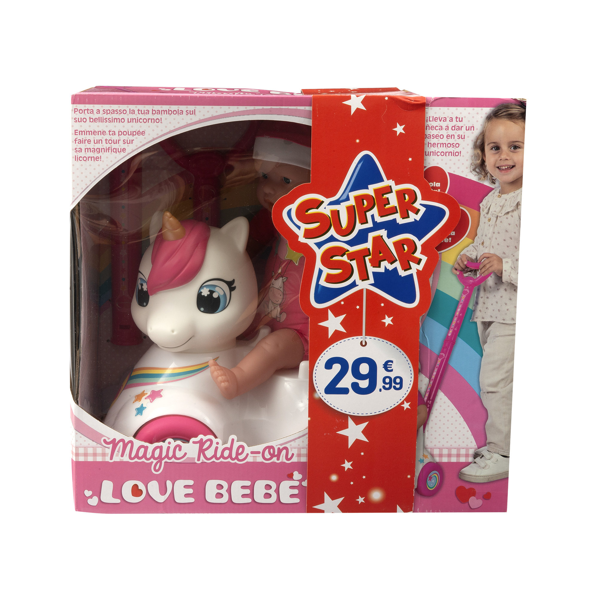 Bambola con cavalcabile unicorno per passeggiate divertenti 37 cm - love bebè - SUPERSTAR