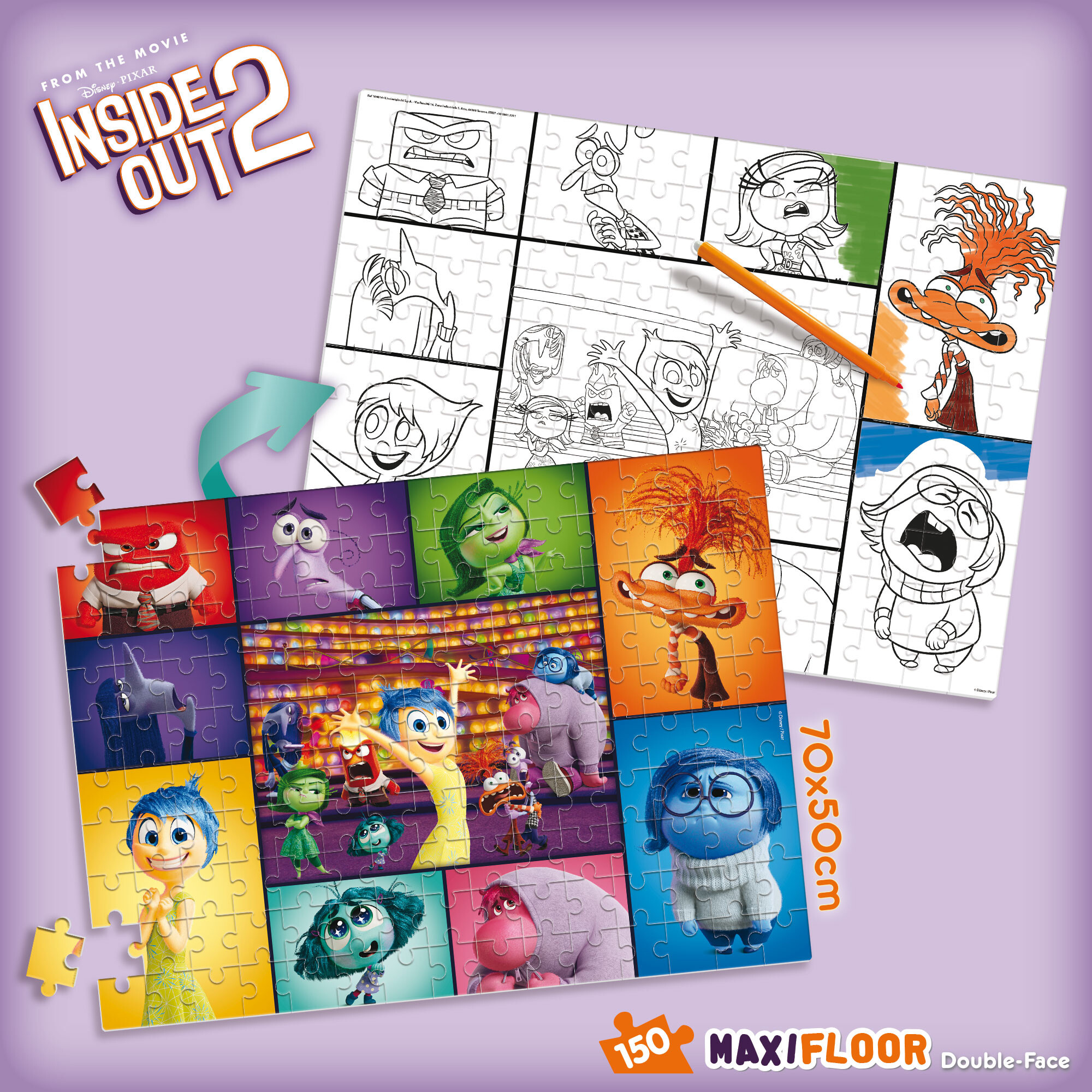 Disney puzzle maxi floor 150 pezzi inside out 2 - scena da colorare inclusa - Disney