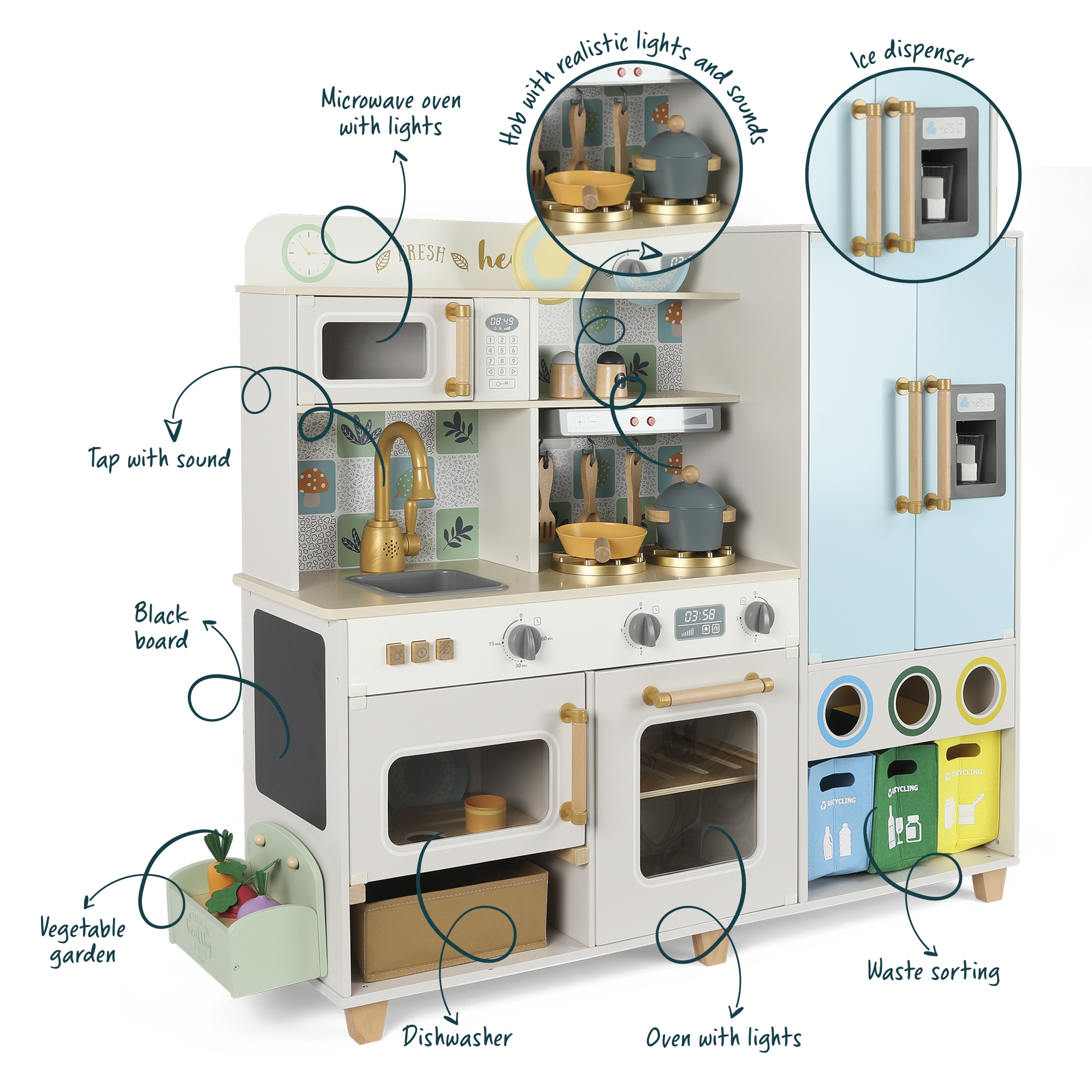 Cucina in legno completa con lavello, forno e frigorifero - impara e divertiti con wood "n" play - WOOD N'PLAY