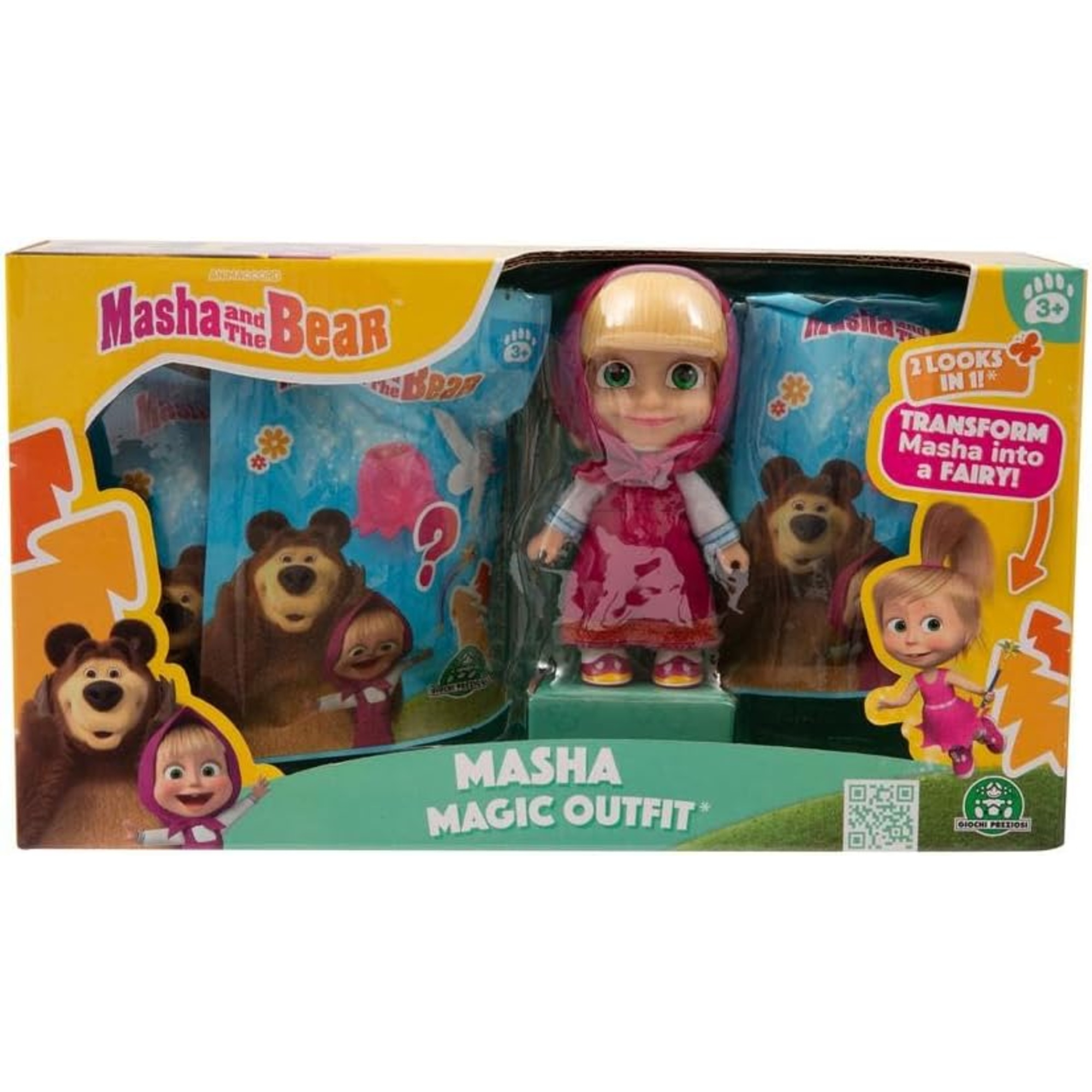 Masha e orso - bambola masha 12 cm con vestito e capelli rimovibili - 3 bustine sorpresa e accessori per trasformazione in fata - dai 3 anni - MASHA & ORSO