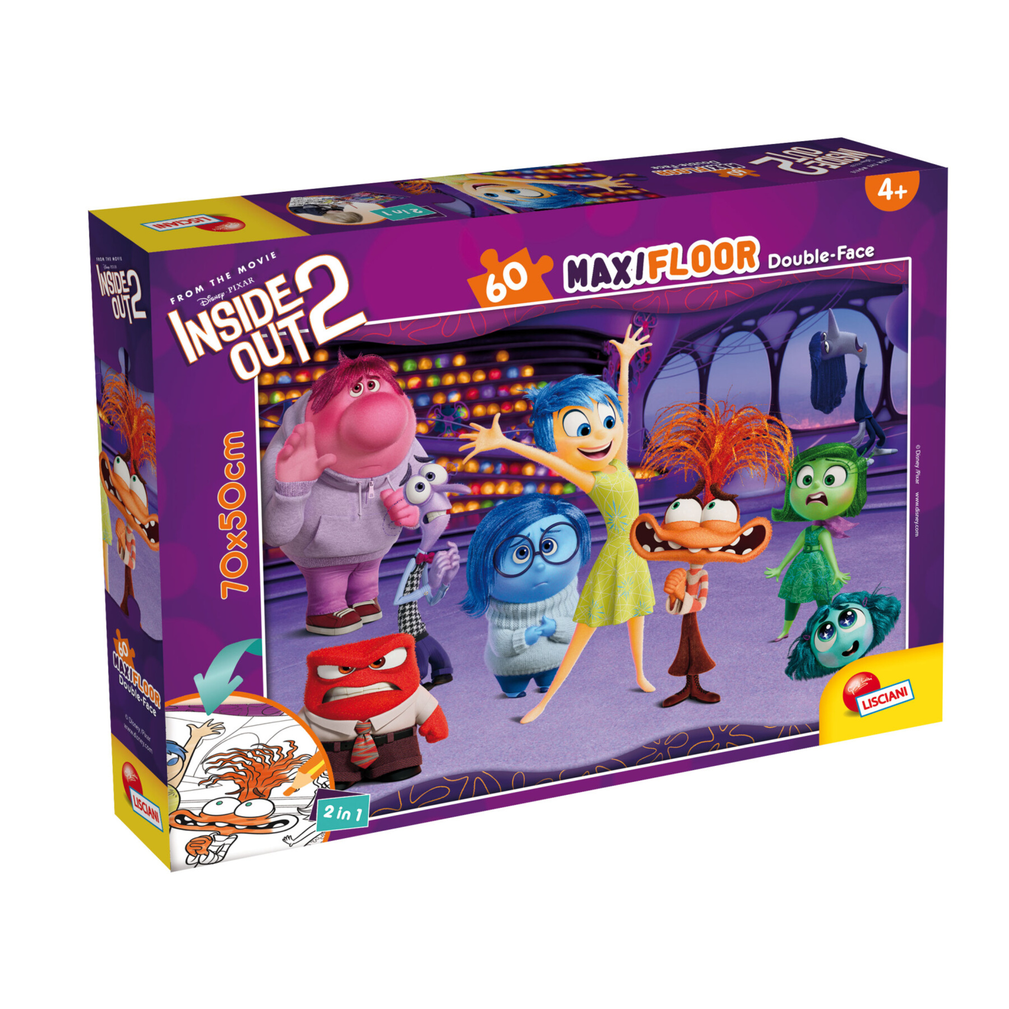 Disney puzzle double face inside out 2 - maxi floor 60 pezzi, 70x50 cm - scena da colorare inclusa - Disney