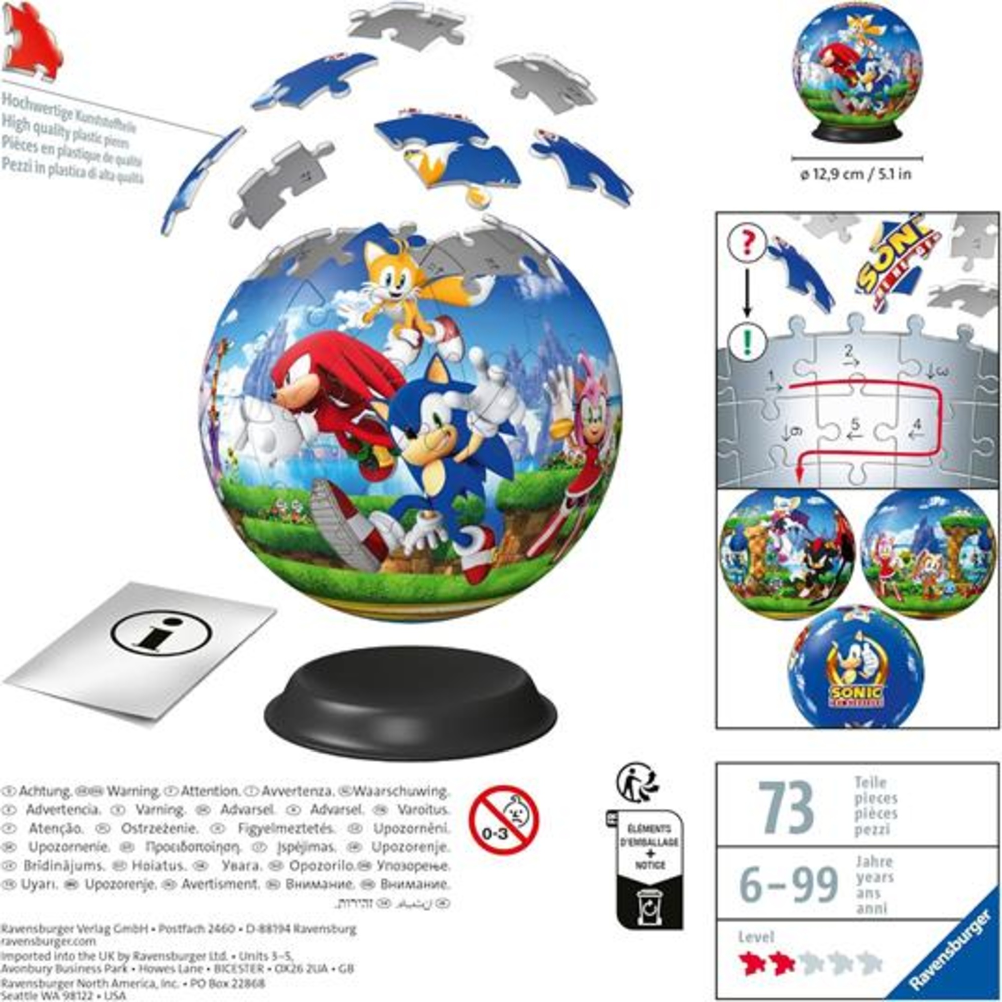 Puzzle 3d - puzzle-ball sonic the hedgehog - 72 pezzi - diametro 12,9 cm - bambini 6+ anni - ravensburger - Sonic