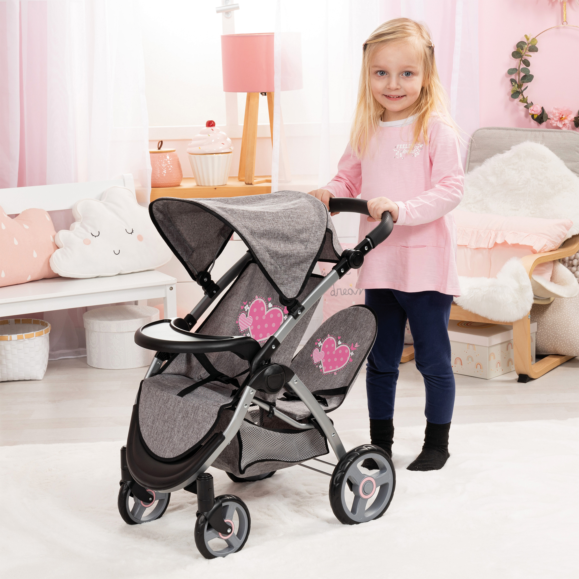 Passeggino gemellare city twin stroller per bambole con accessori love bebe Toys Center