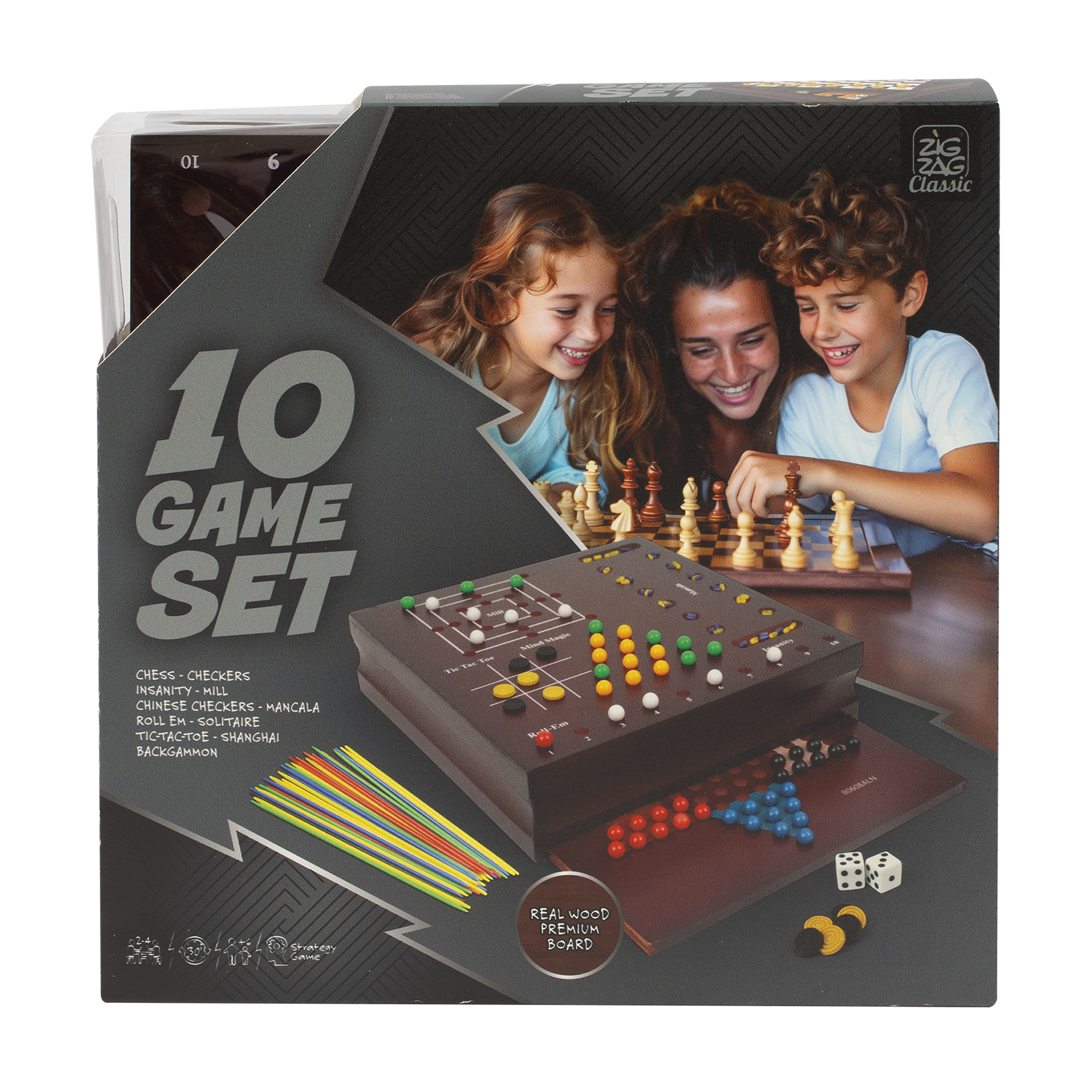 Set di giochi da tavolo in legno 10-in-1 - flipper elettronico, backgammon, scacchi, shangai e più-  zig zag - ZIG ZAG