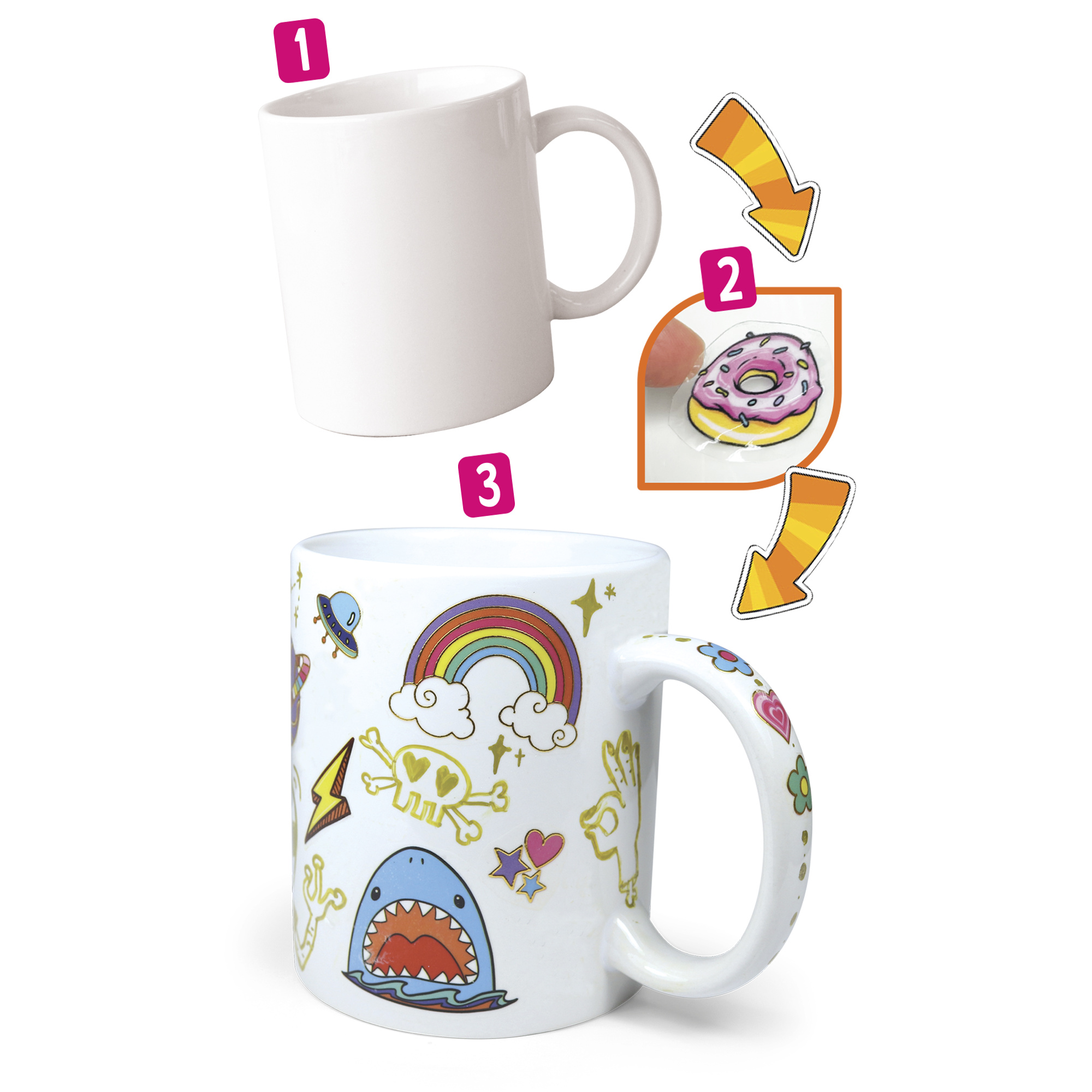 Set creativo per tazza personalizzata - 35 stickers waterproof - pennarello dorato - ideale per bambini - crea mania - CREAMANIA