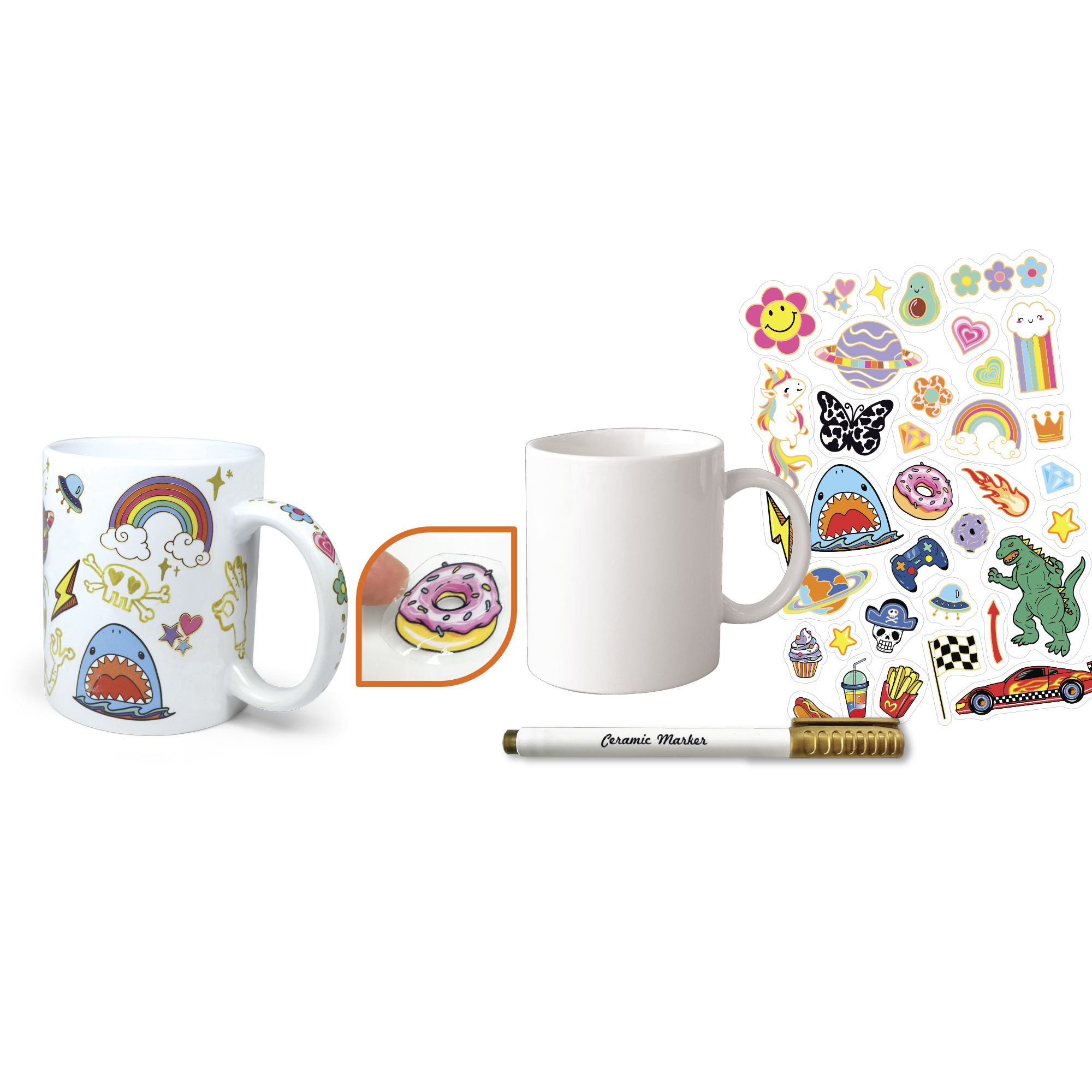 Set creativo per tazza personalizzata - 35 stickers waterproof - pennarello dorato - ideale per bambini - crea mania - CREAMANIA