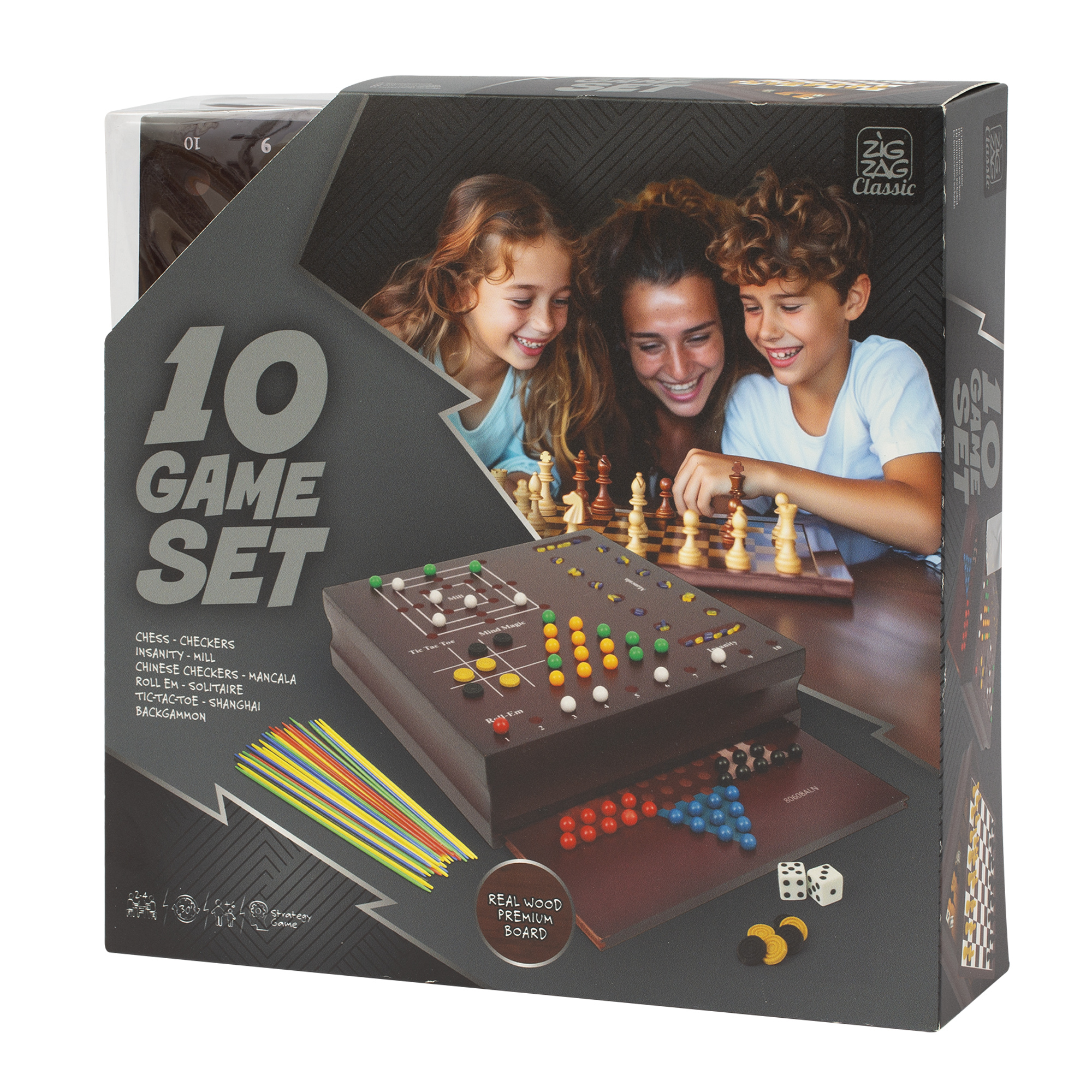 Set di giochi da tavolo in legno 10-in-1 - flipper elettronico, backgammon, scacchi, shangai e più-  zig zag - ZIG ZAG