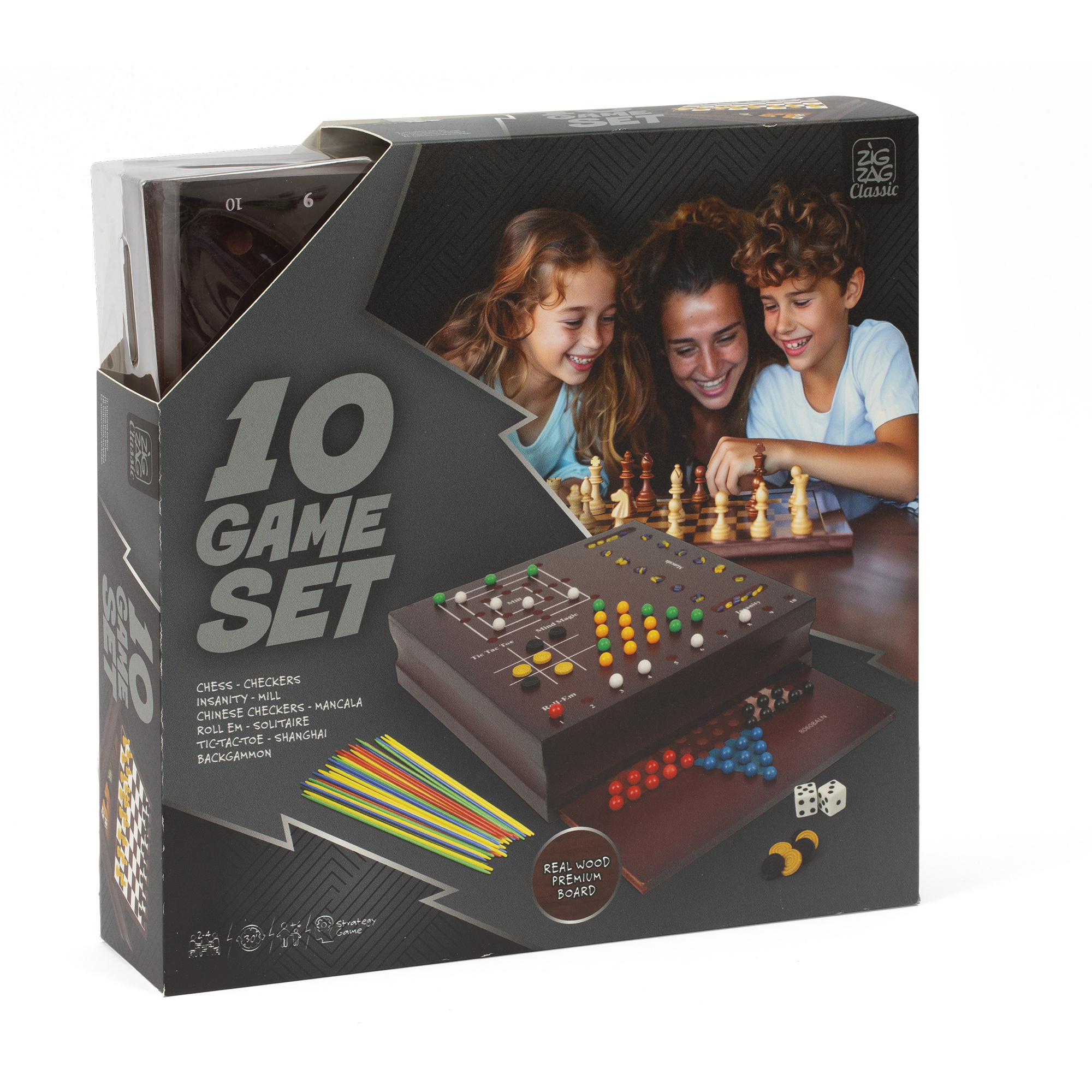 Set di giochi da tavolo in legno 10-in-1 - flipper elettronico, backgammon, scacchi, shangai e più-  zig zag - ZIG ZAG