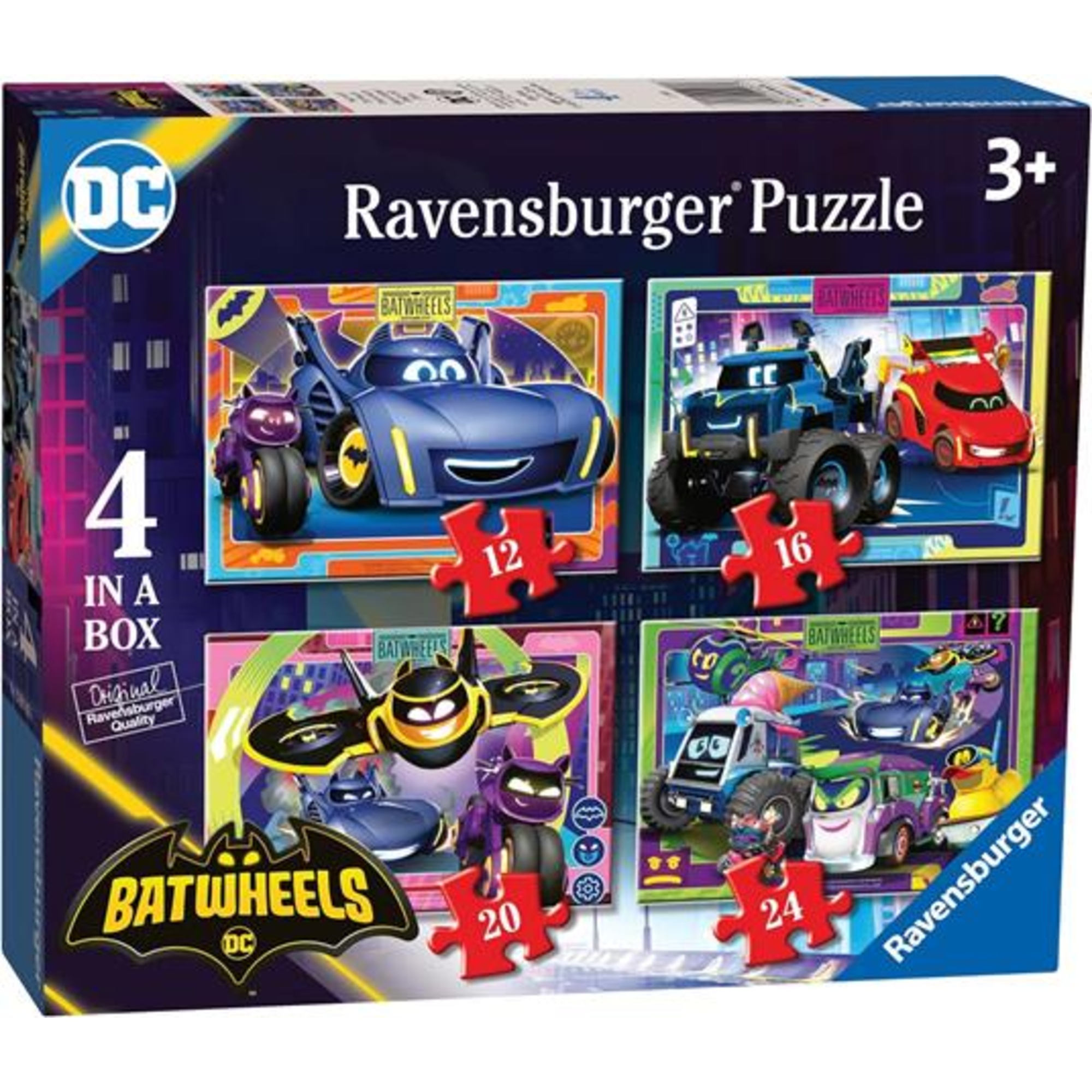 Puzzle ravensburger batwheels 4 in a box - 4 puzzle da 12-16-20-24 pezzi, età 3+ anni - BATMAN