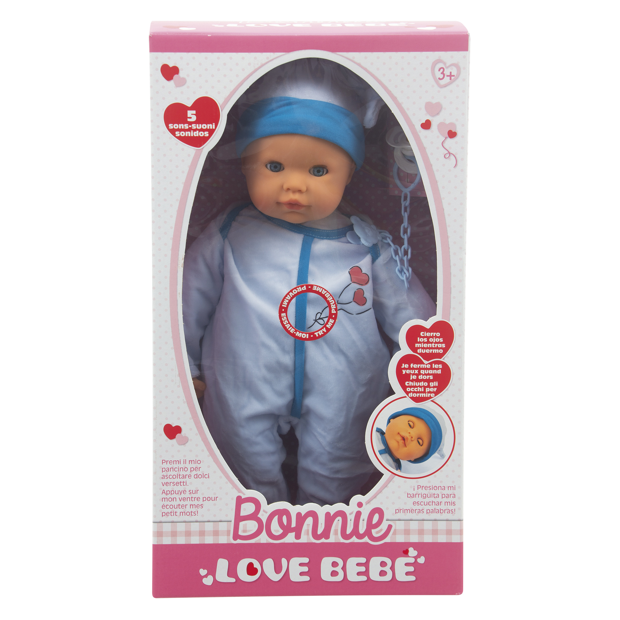 Bambola bonnie 48 cm con suoni assortita in blu e rosa love bebe