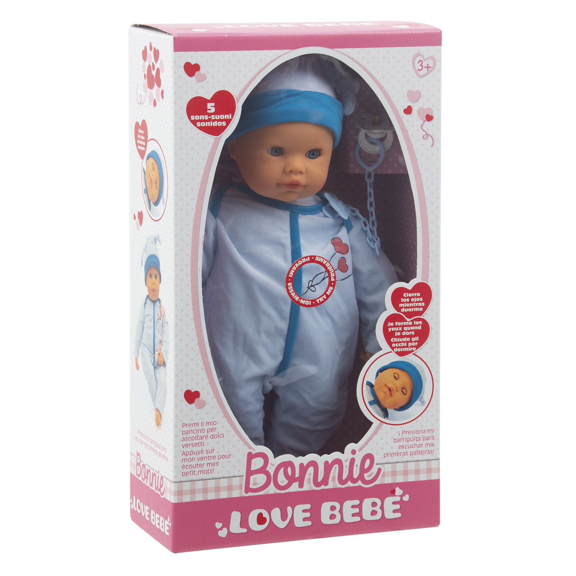 Bambola bonnie 48 cm con suoni  assortita in blu e rosa - love bebè - LOVE BEBE'