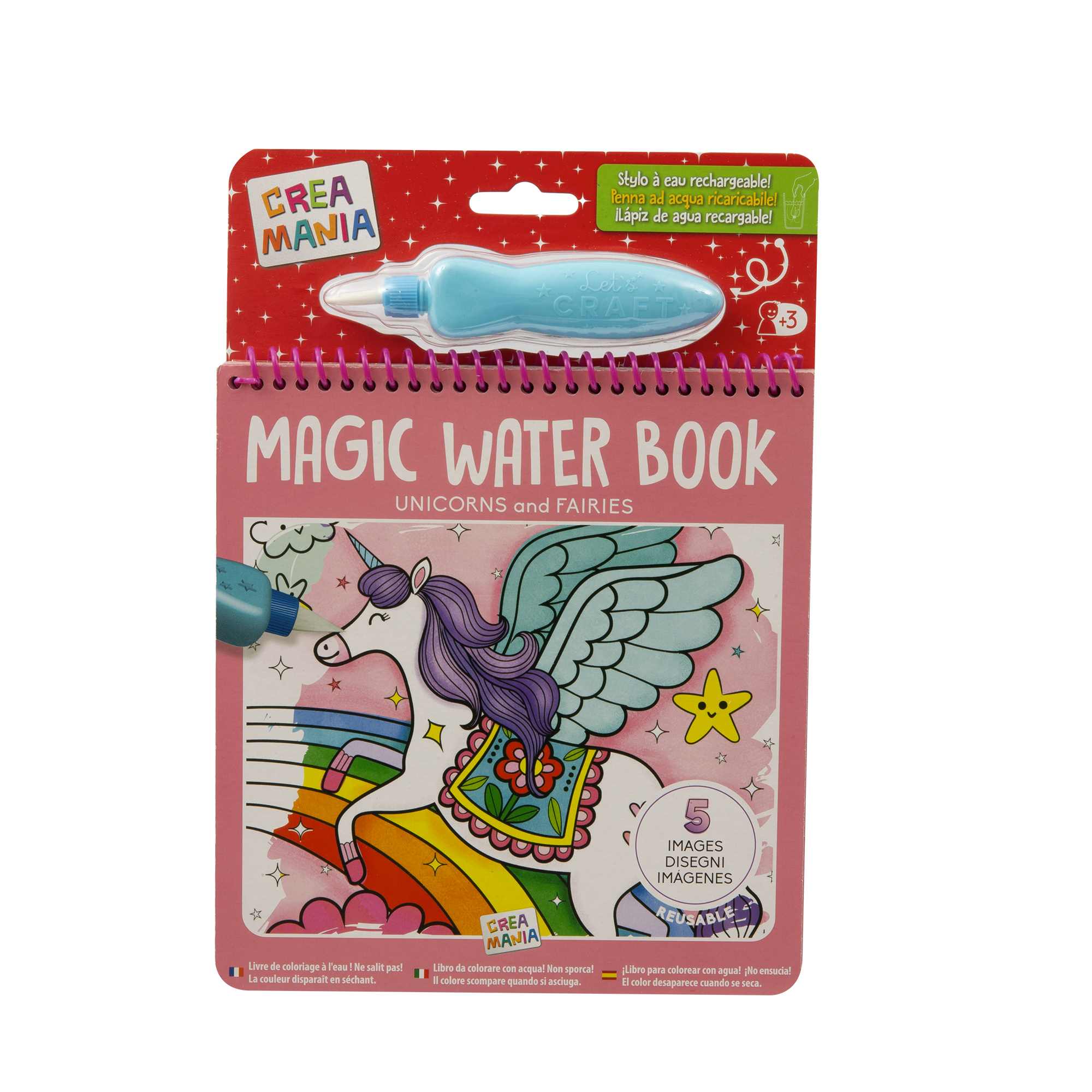 Magic water book - libretto assortito da colorare magico con acqua per bambini - unicorni, veicoli e dinosauri - 