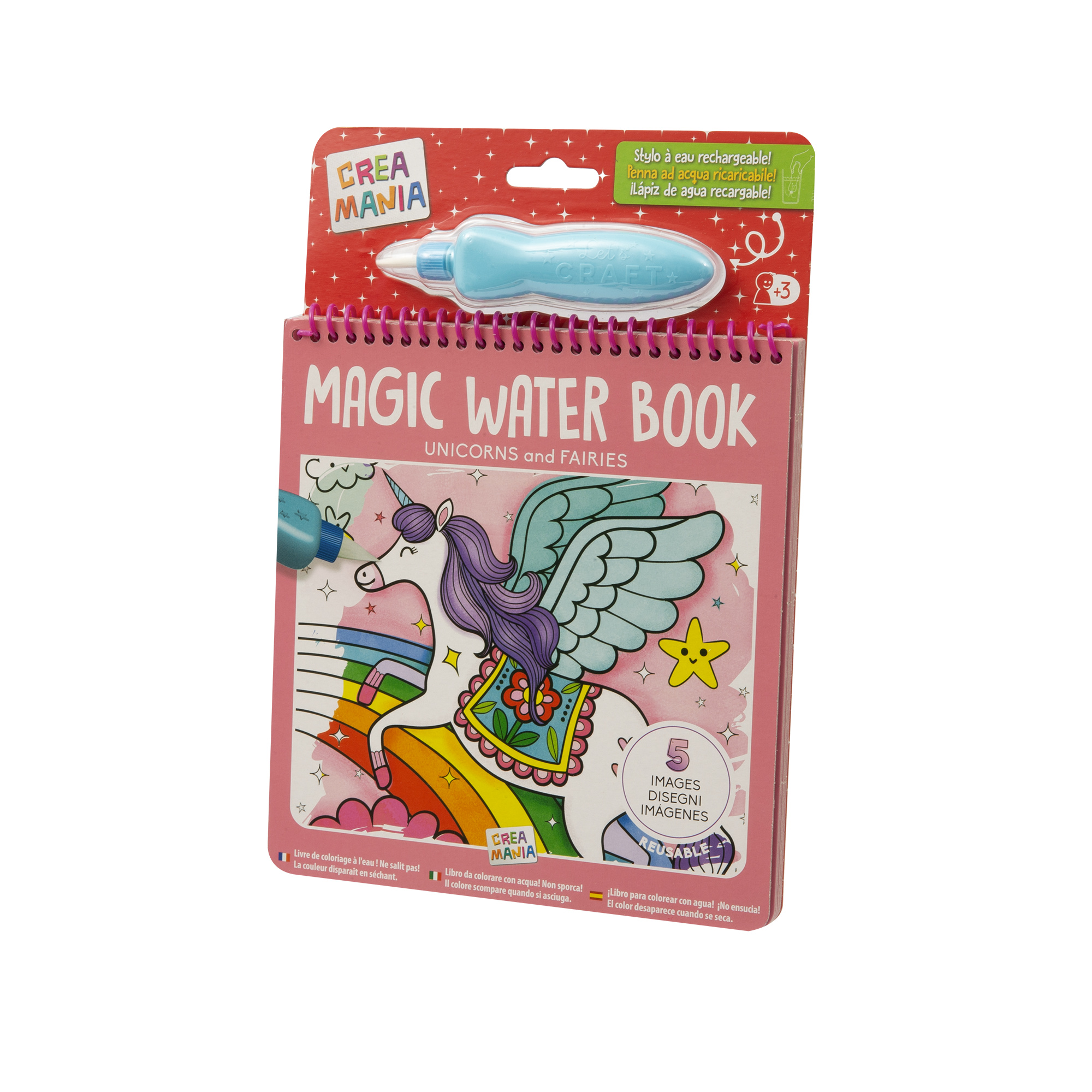 Magic water book - libretto assortito da colorare magico con acqua per bambini - unicorni, veicoli e dinosauri - 