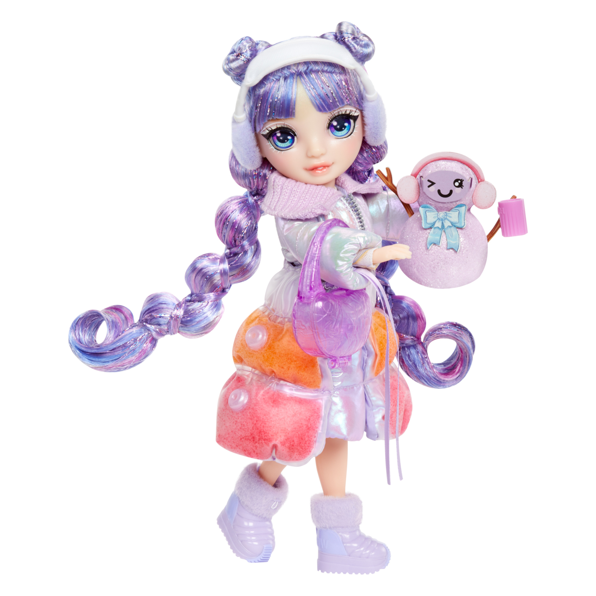 Rainbow high winter wonderland violet - bambola viola 28 cm con neve magica nei vestiti che si gonfia e kit pupazzo di neve - Rainbow High