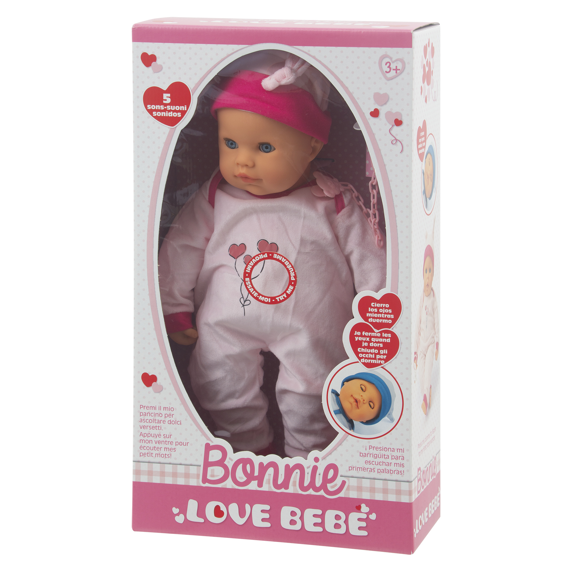 Bambola bonnie 48 cm con suoni  assortita in blu e rosa - love bebè - LOVE BEBE'