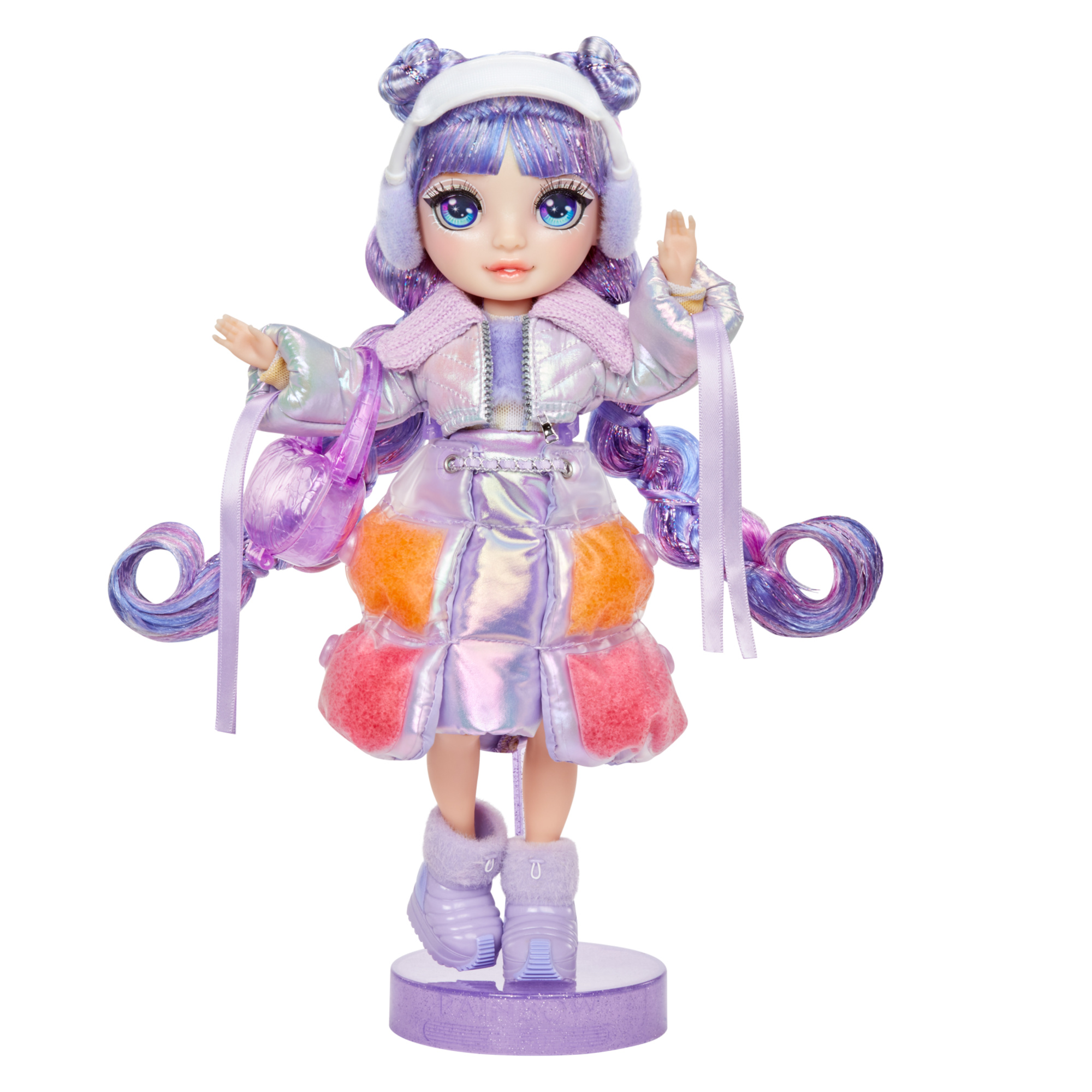 Rainbow high winter wonderland violet - bambola viola 28 cm con neve magica nei vestiti che si gonfia e kit pupazzo di neve - Rainbow High