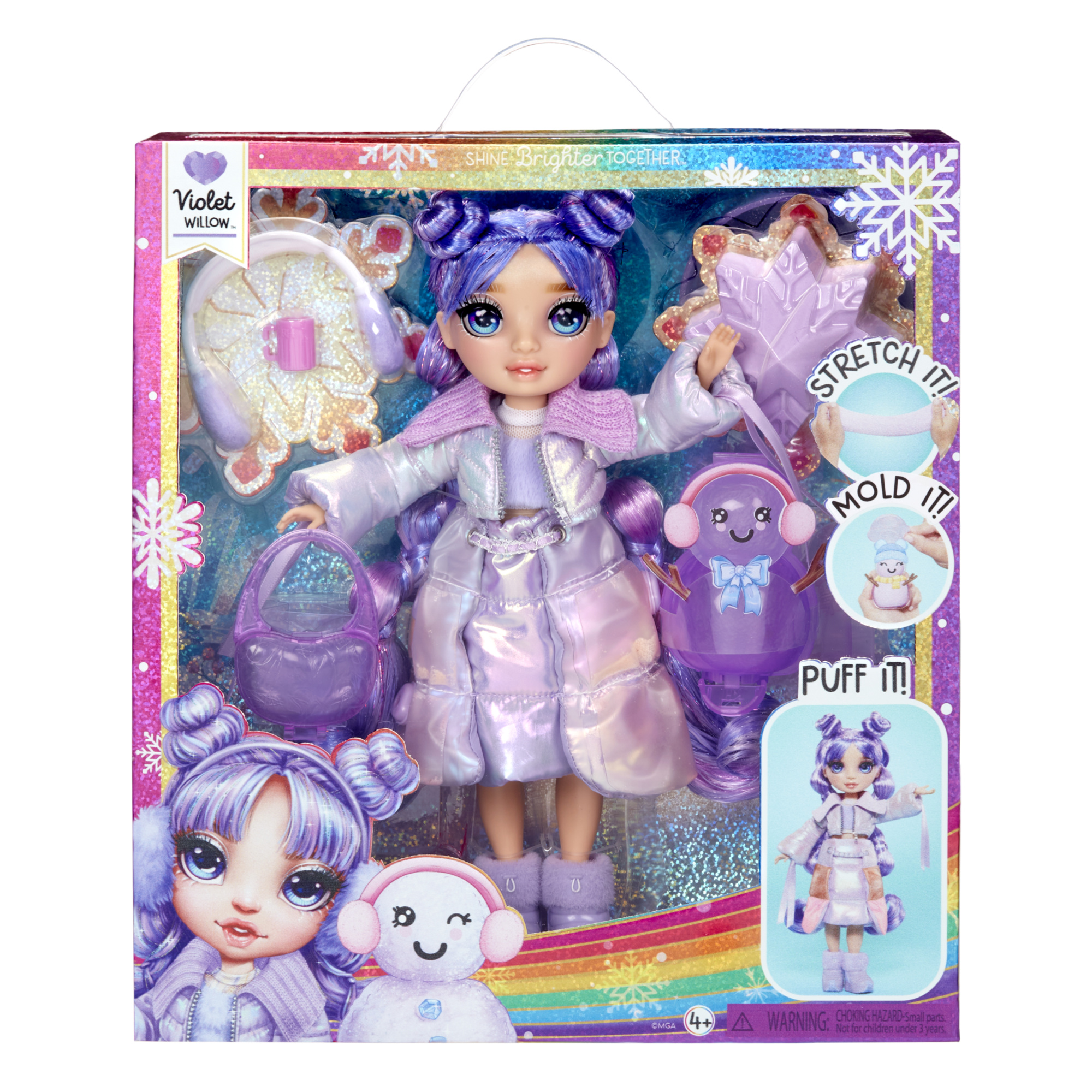 Rainbow high winter wonderland violet - bambola viola 28 cm con neve magica nei vestiti che si gonfia e kit pupazzo di neve - Rainbow High