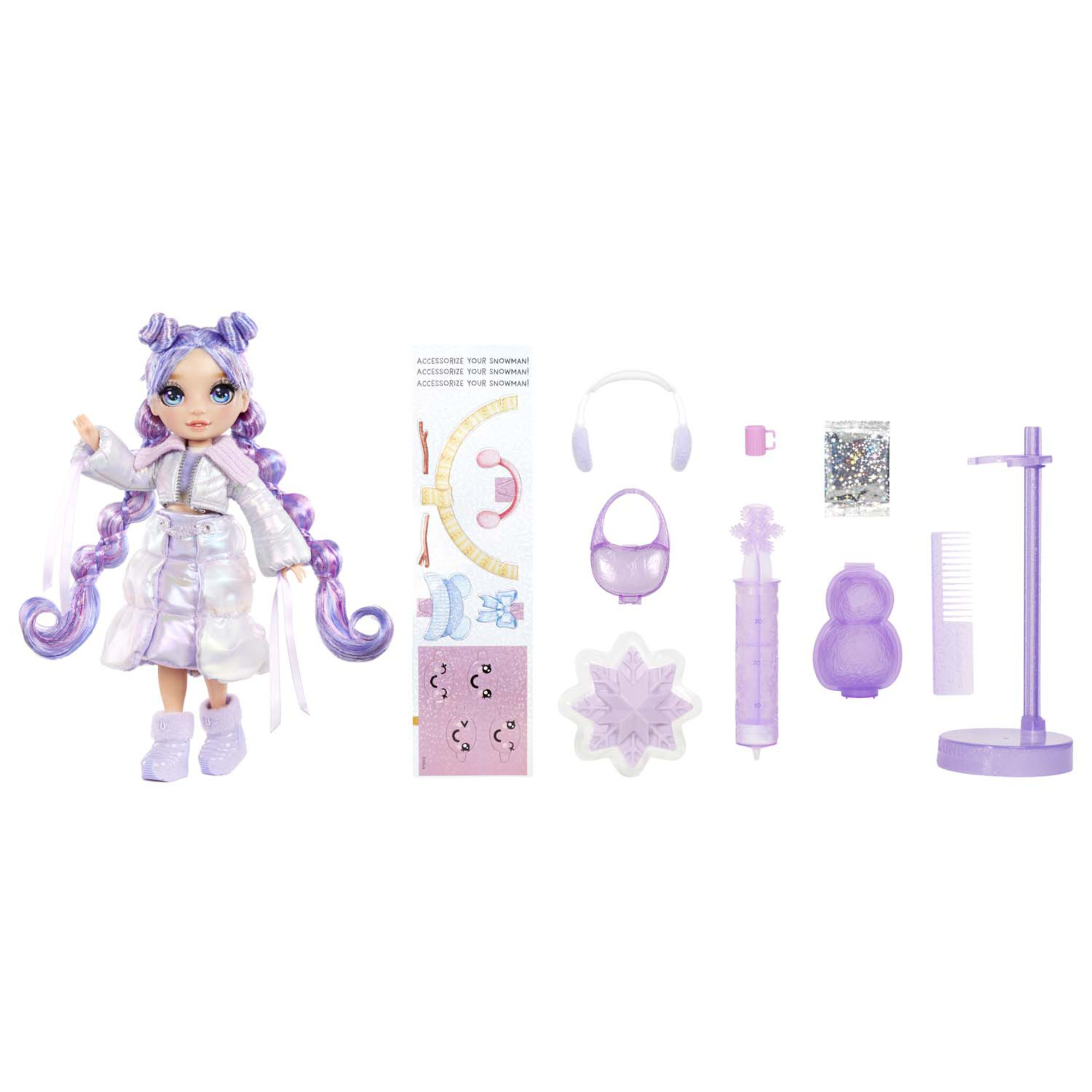 Rainbow high winter wonderland violet - bambola viola 28 cm con neve magica nei vestiti che si gonfia e kit pupazzo di neve - Rainbow High