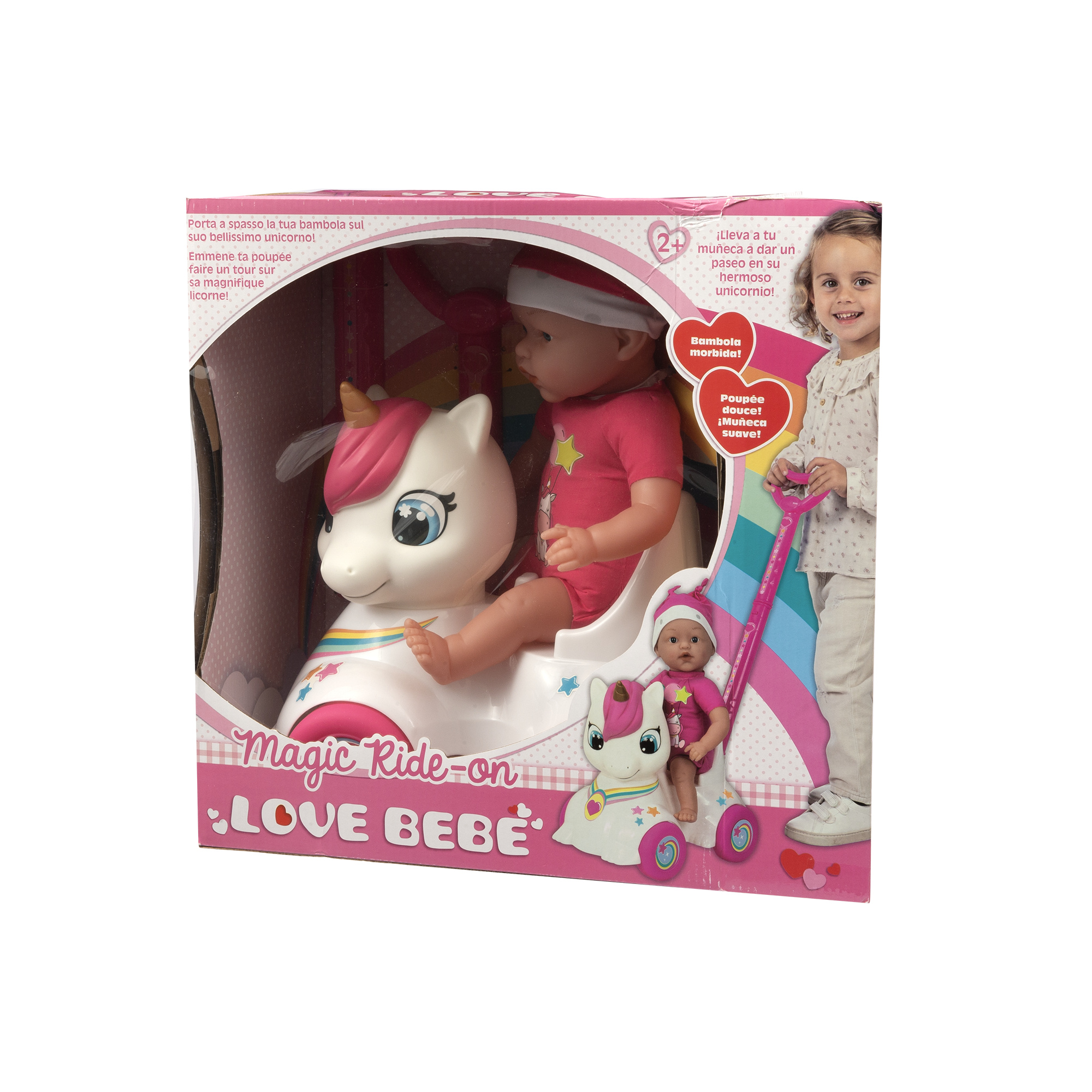 Bambola con cavalcabile unicorno per passeggiate divertenti 37 cm - love bebè - SUPERSTAR