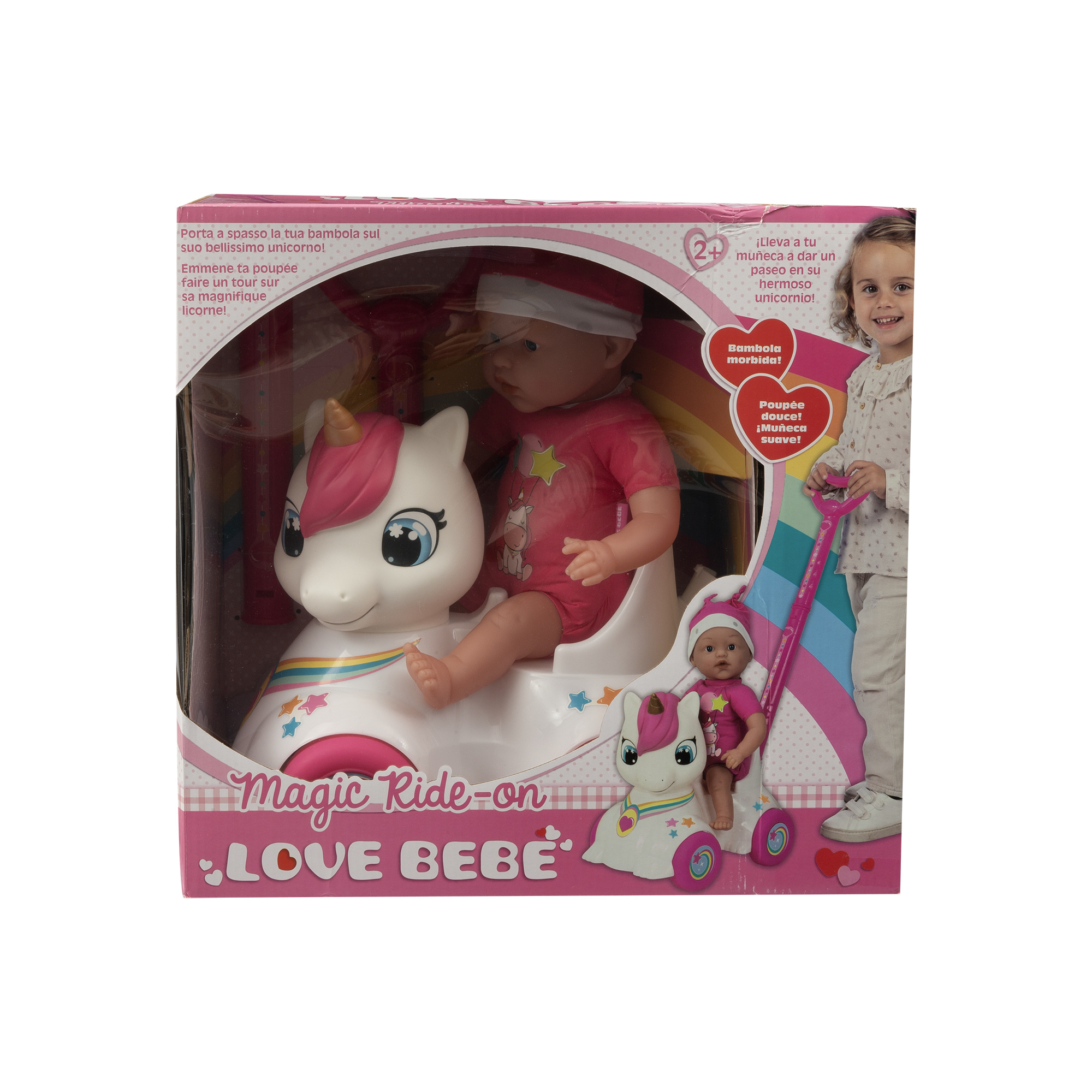 Bambola con cavalcabile unicorno per passeggiate divertenti 37 cm - love bebè - SUPERSTAR