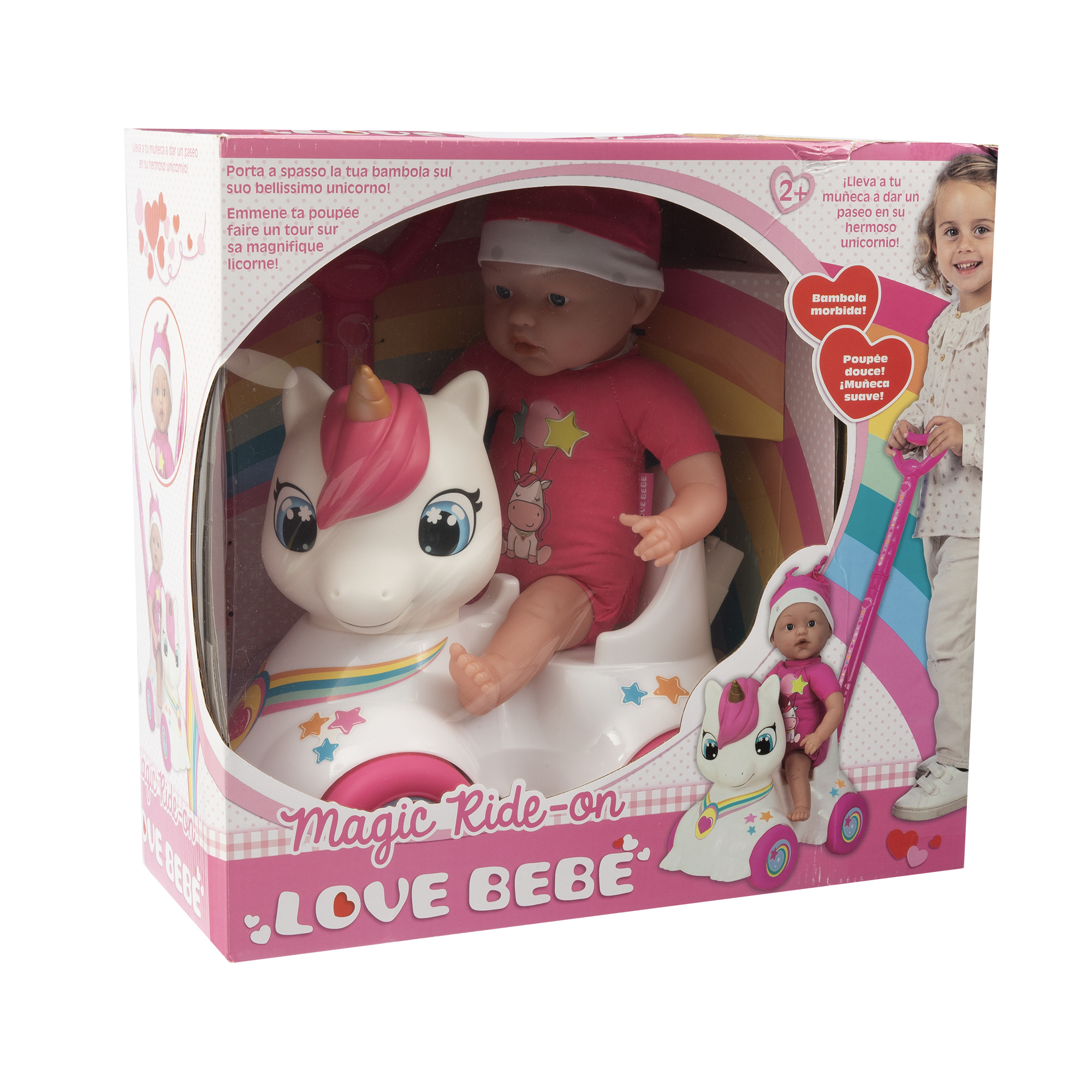 Bambola con cavalcabile unicorno per passeggiate divertenti 37 cm - love bebè - SUPERSTAR