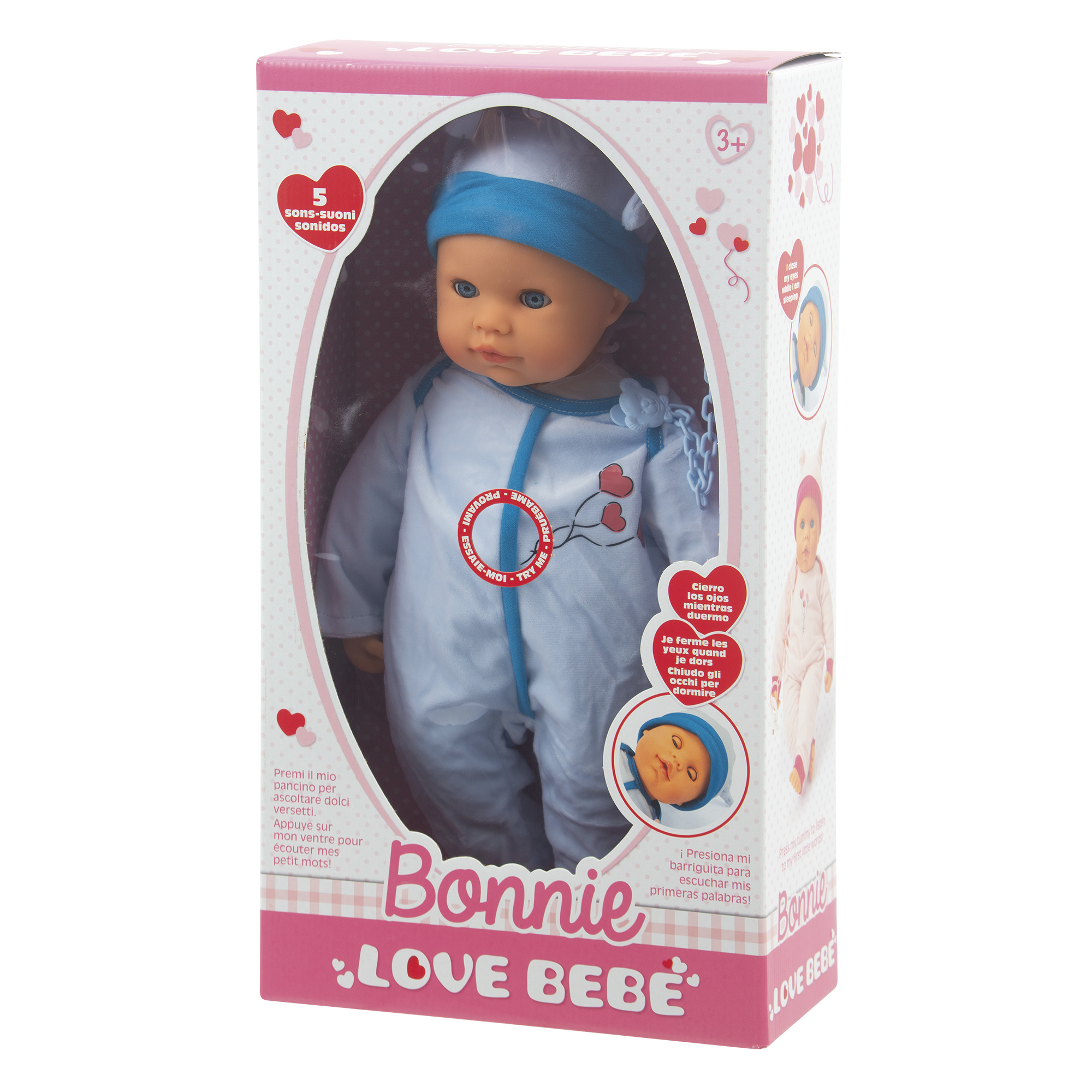 Bambola bonnie 48 cm con suoni  assortita in blu e rosa - love bebè - LOVE BEBE'