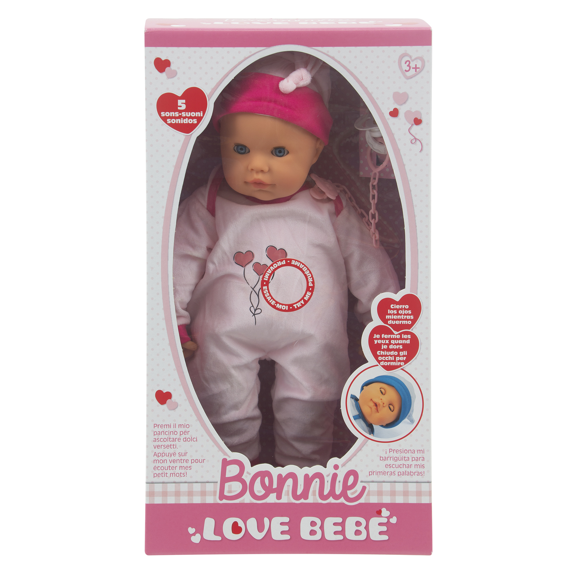 Bambola bonnie 48 cm con suoni  assortita in blu e rosa - love bebè - LOVE BEBE'