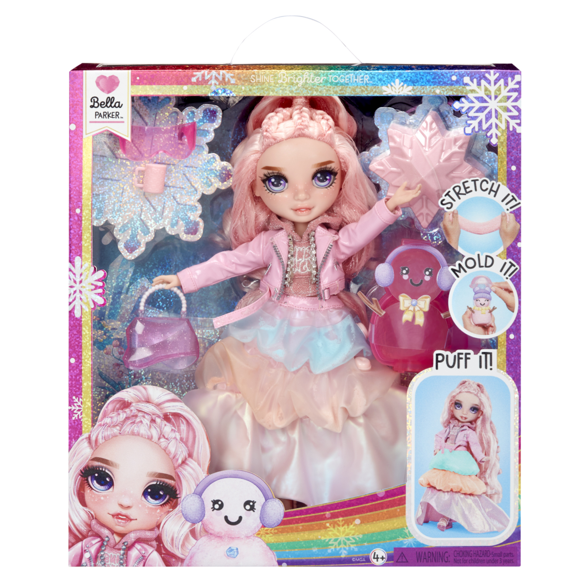 Rainbow high winter wonderland bella - bambola viola 28 cm con neve magica gonfiabile e kit pupazzo di neve nascosti nei vestiti - Rainbow High