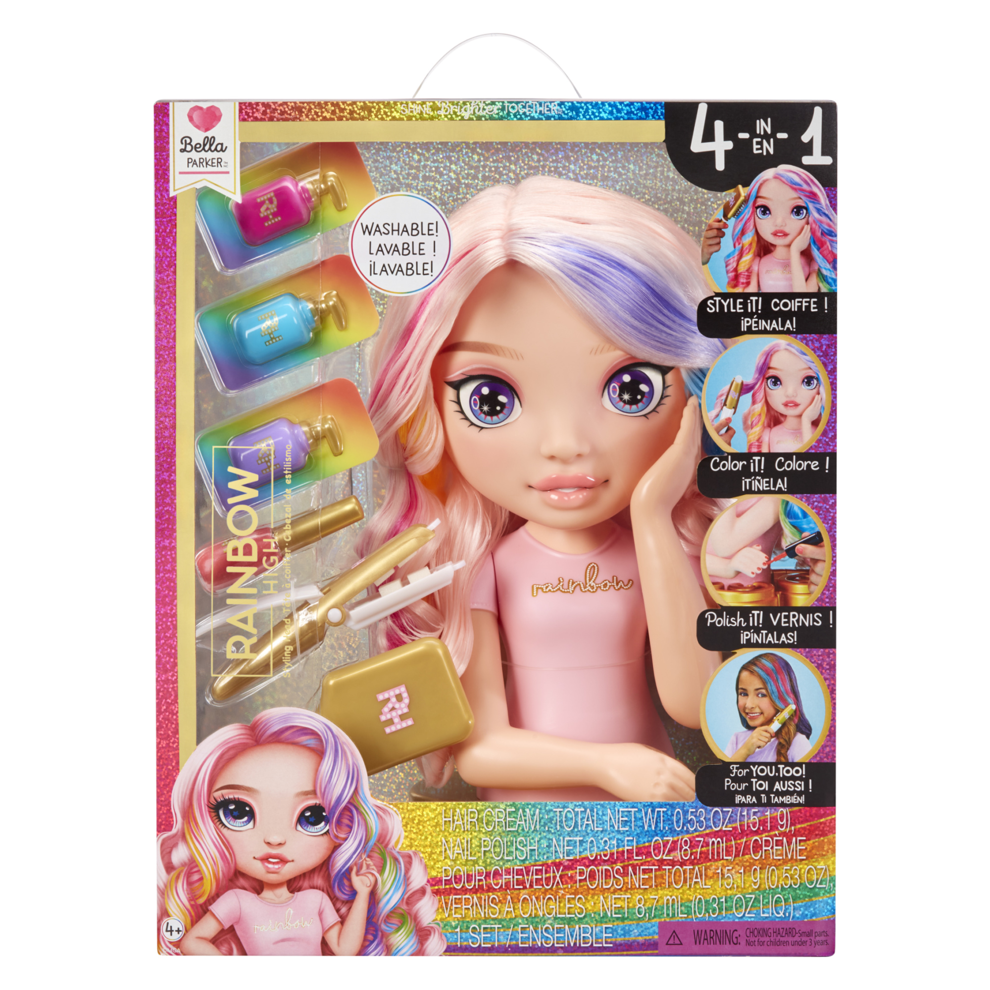 Rainbow high styling head - bella! set gioco 4-in-1 con creme per capelli lavabili, smalto per unghie e accessori per colorare - Rainbow High