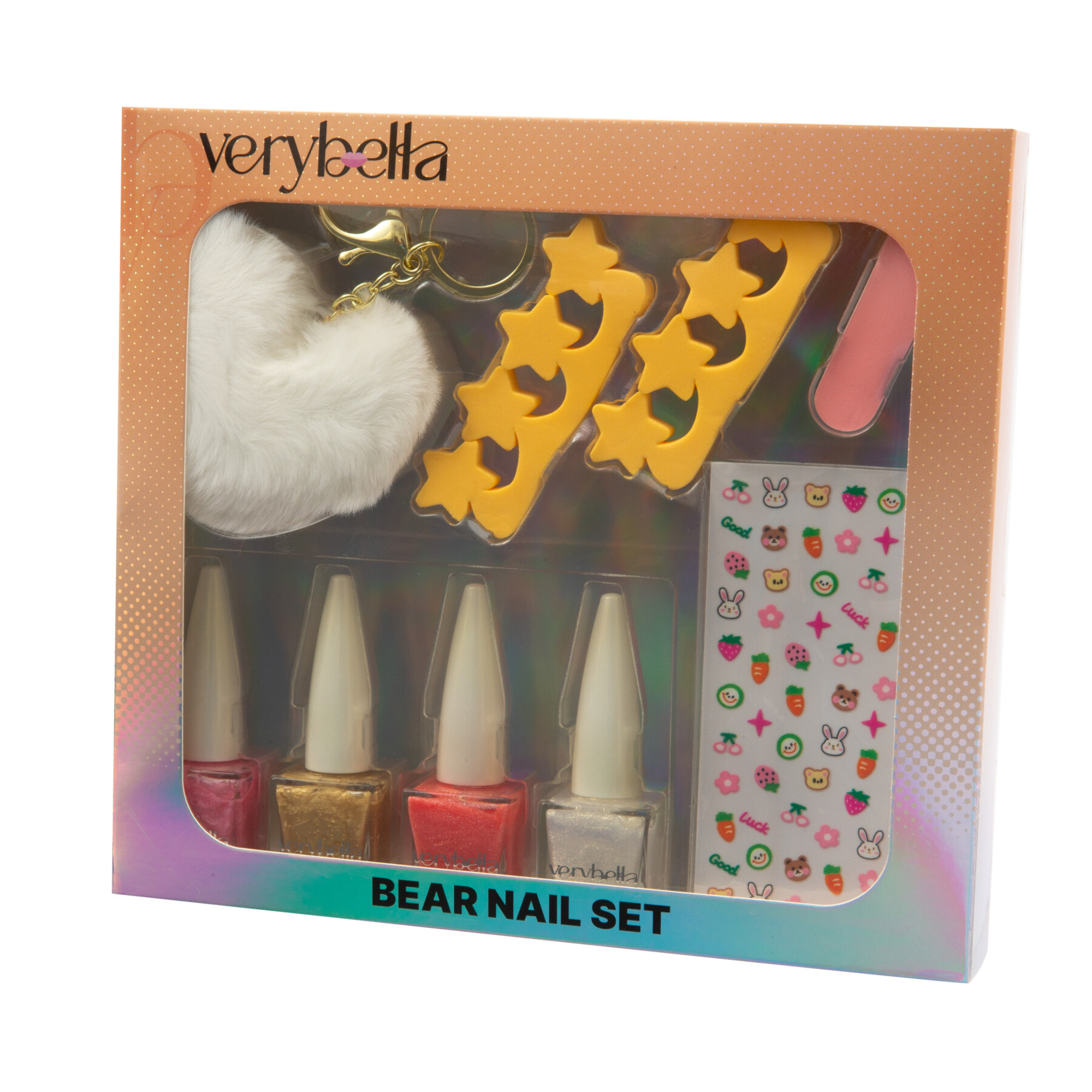 Verybella  - set bear: manicure completa con 4 smalti peel off, limetta, separadita, stickers e portachiave a forma di cuore - VERY BELLA