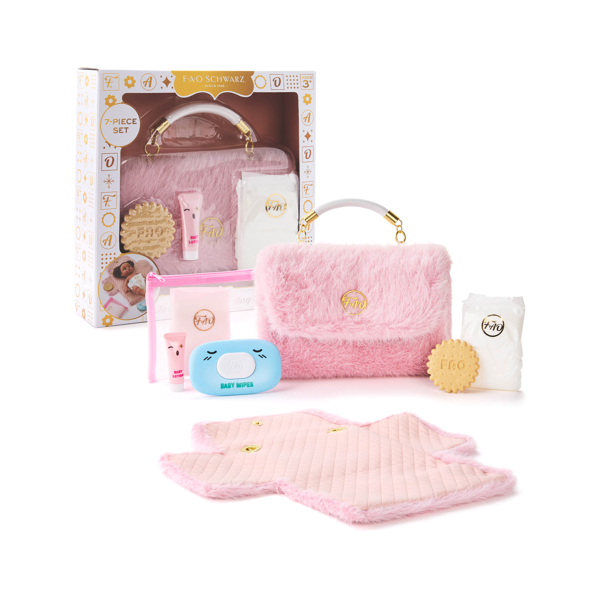 Set borsa fasciatoio deluxe in pelliccia sintetica per bambole fao baby - FAO Schwarz