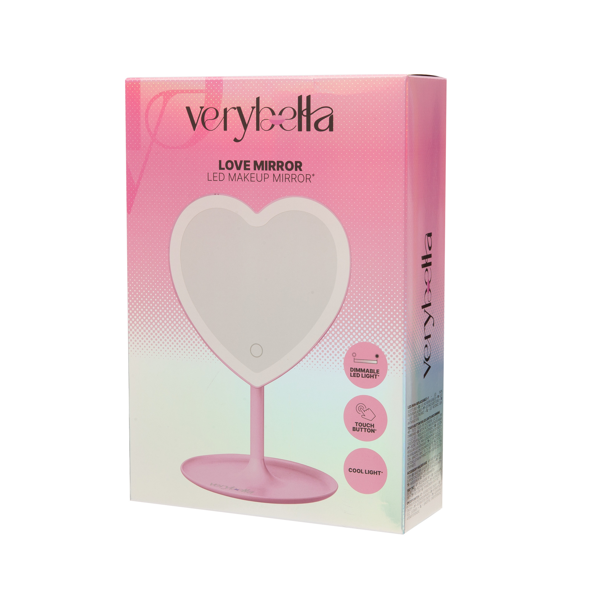 Verybella - specchio make up cuore rosa con luci led regolabili e base per accessori, 28,5x18 cm - VERY BELLA