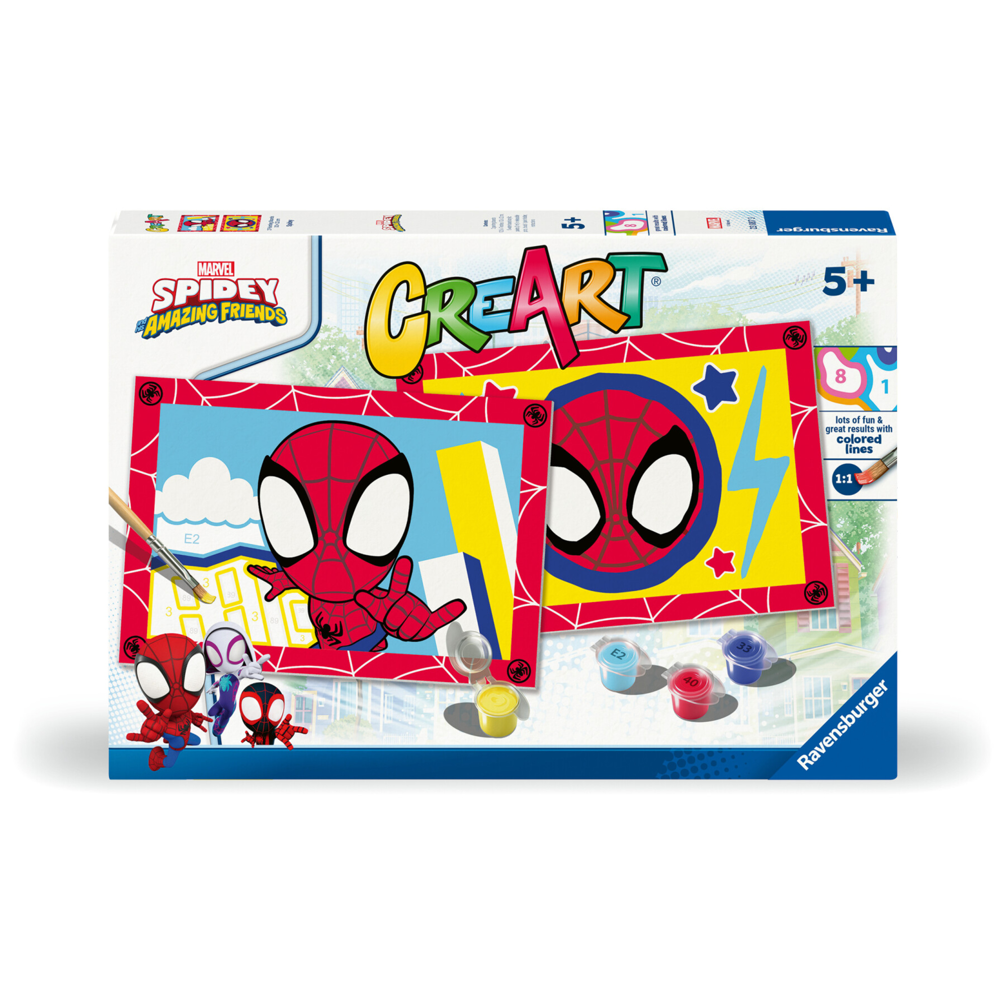 Creart serie junior, spidey, kit dipingere con i numeri, contiene 2 tavole prestampate, pennello, co - ravensburger - CREART