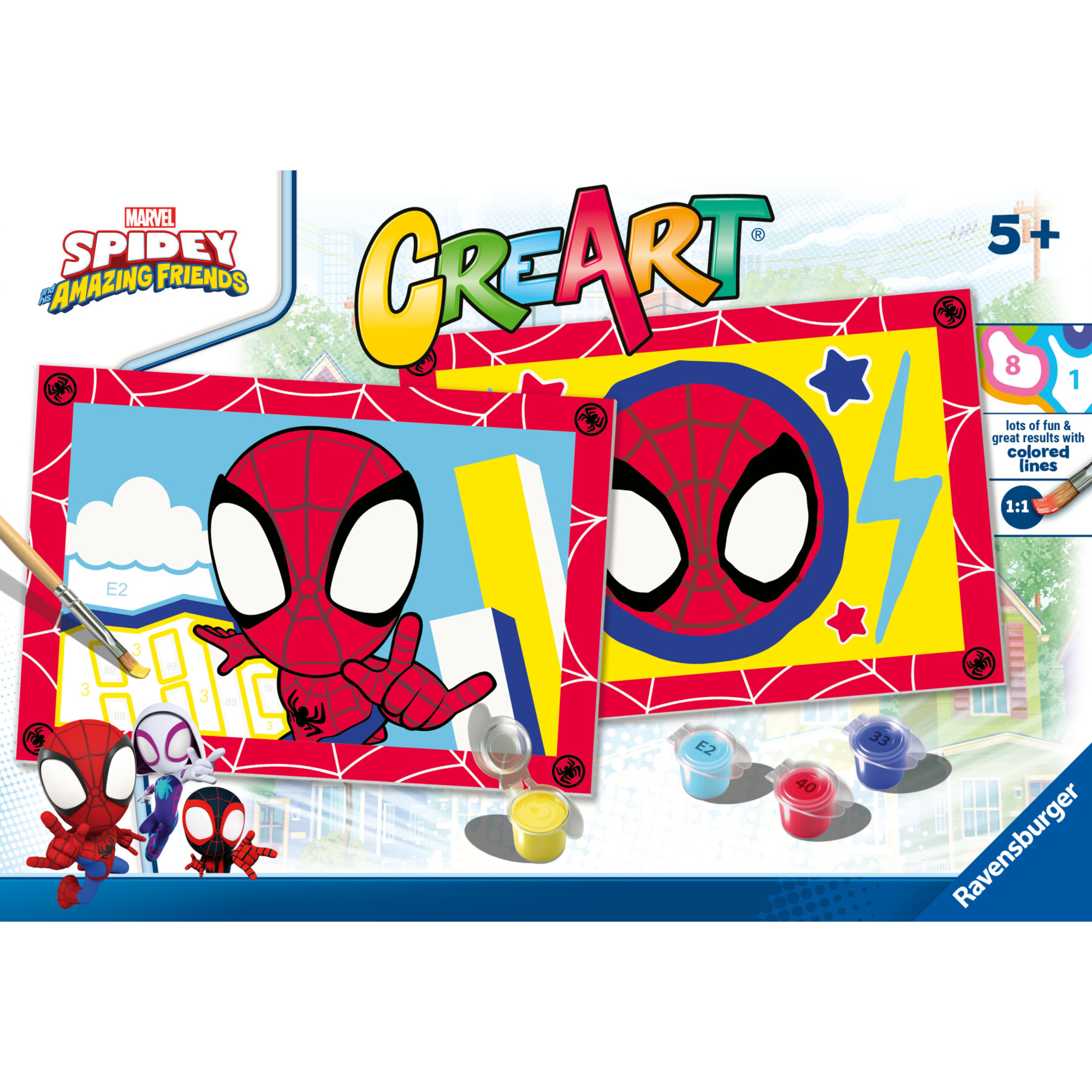 Creart serie junior, spidey, kit dipingere con i numeri, contiene 2 tavole prestampate, pennello, co - ravensburger - CREART