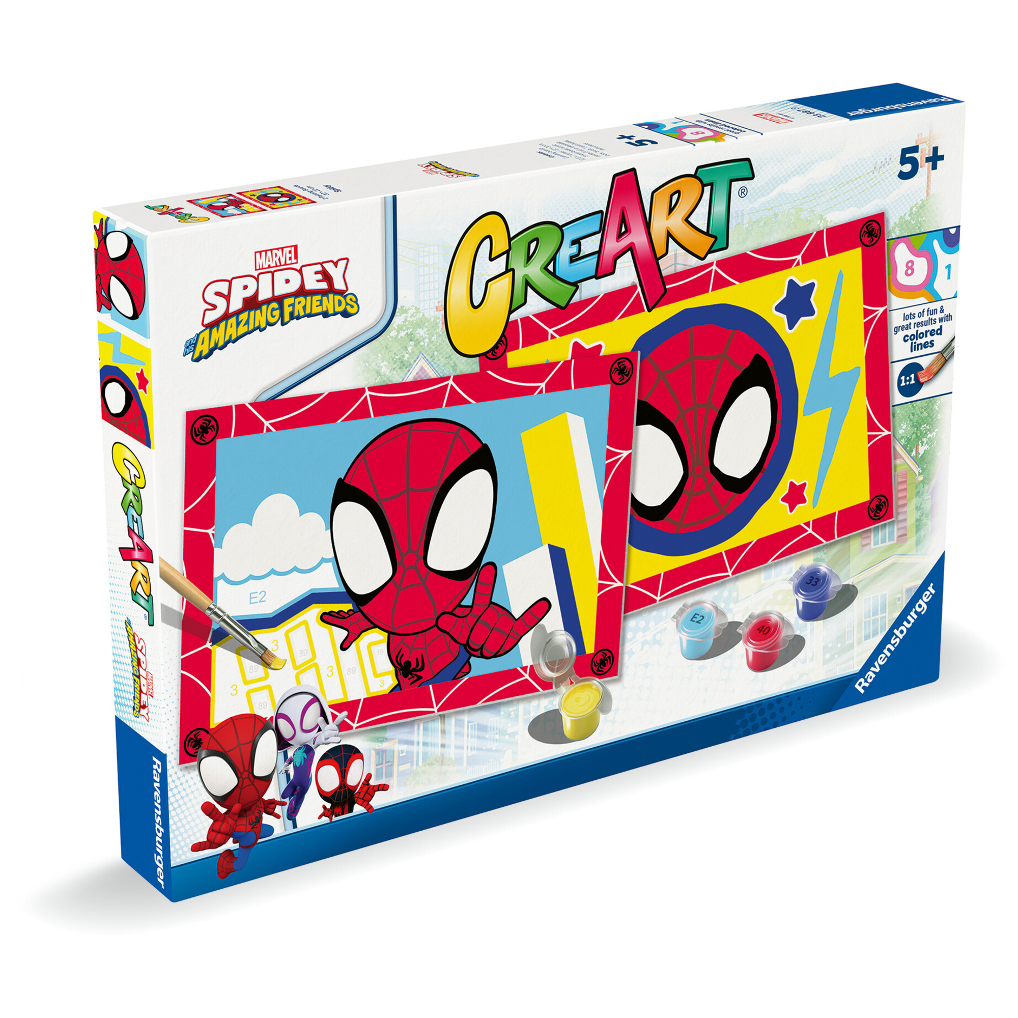 Creart serie junior, spidey, kit dipingere con i numeri, contiene 2 tavole prestampate, pennello, co - ravensburger - CREART