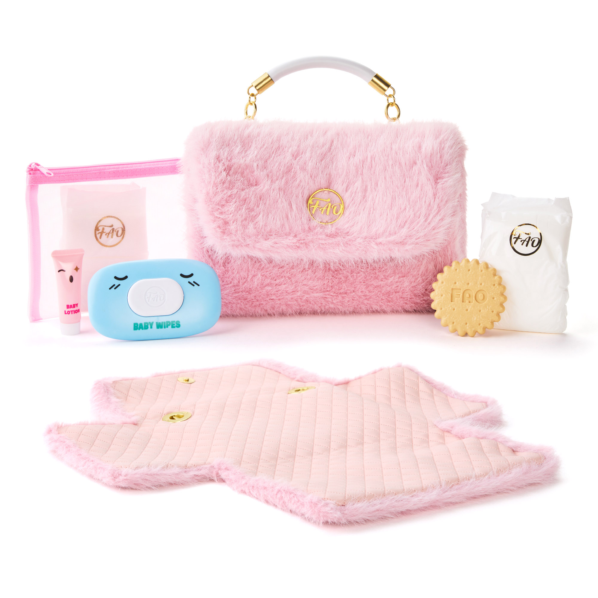 Set borsa fasciatoio deluxe in pelliccia sintetica per bambole fao baby - FAO Schwarz