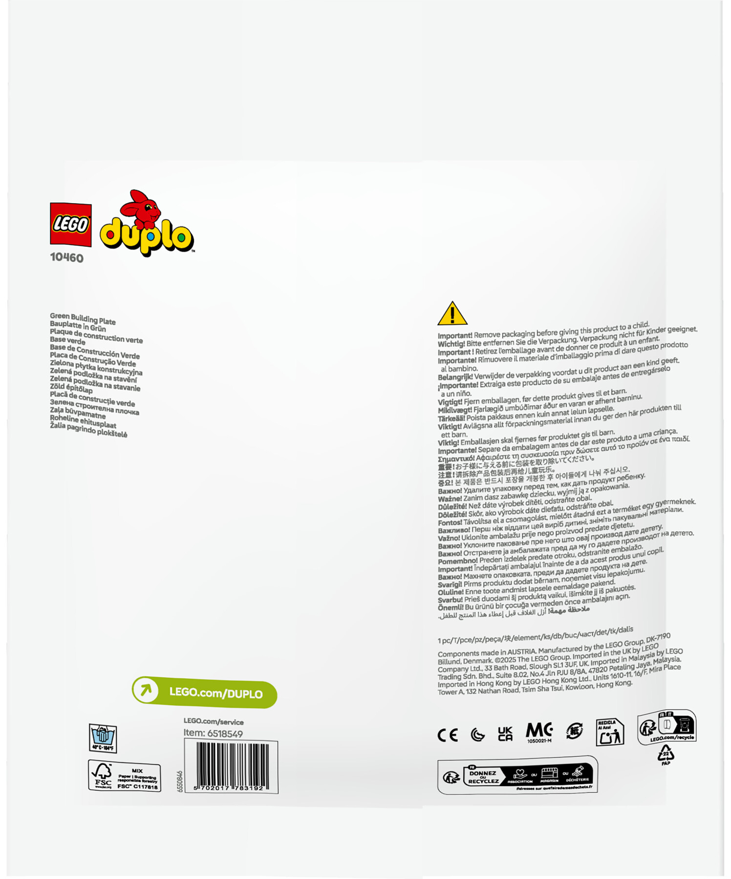 Lego duplo classic 10460 base verde, piastra giocattolo per mattoncini da 24x24 bottoncini, costruzioni creative per bambini - LEGO DUPLO