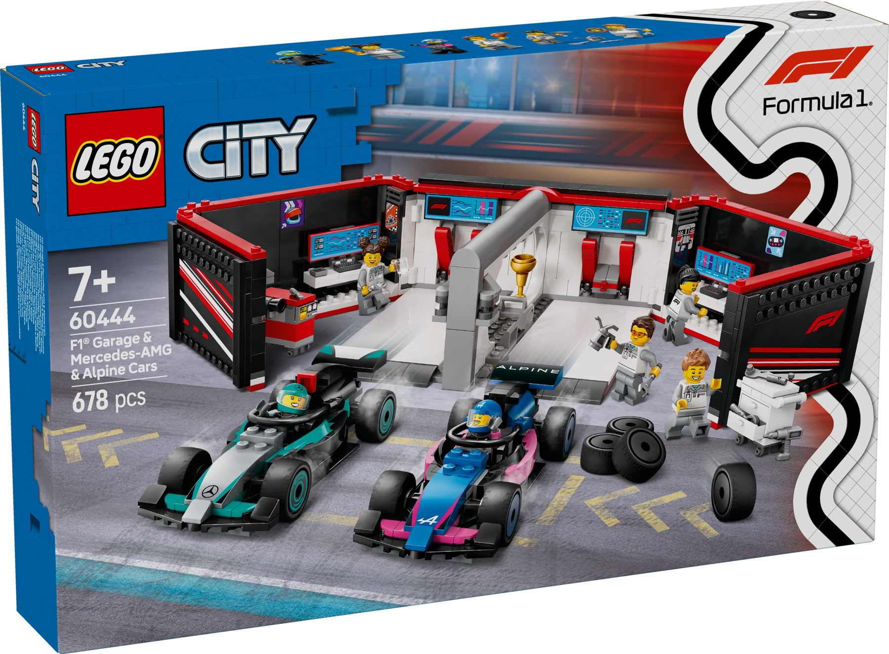 Lego city 60444 garage con monoposto mercedes-amg e alpine f1, auto da corsa giocattolo con 6 minifigure, regalo bambini 7+ - LEGO CITY