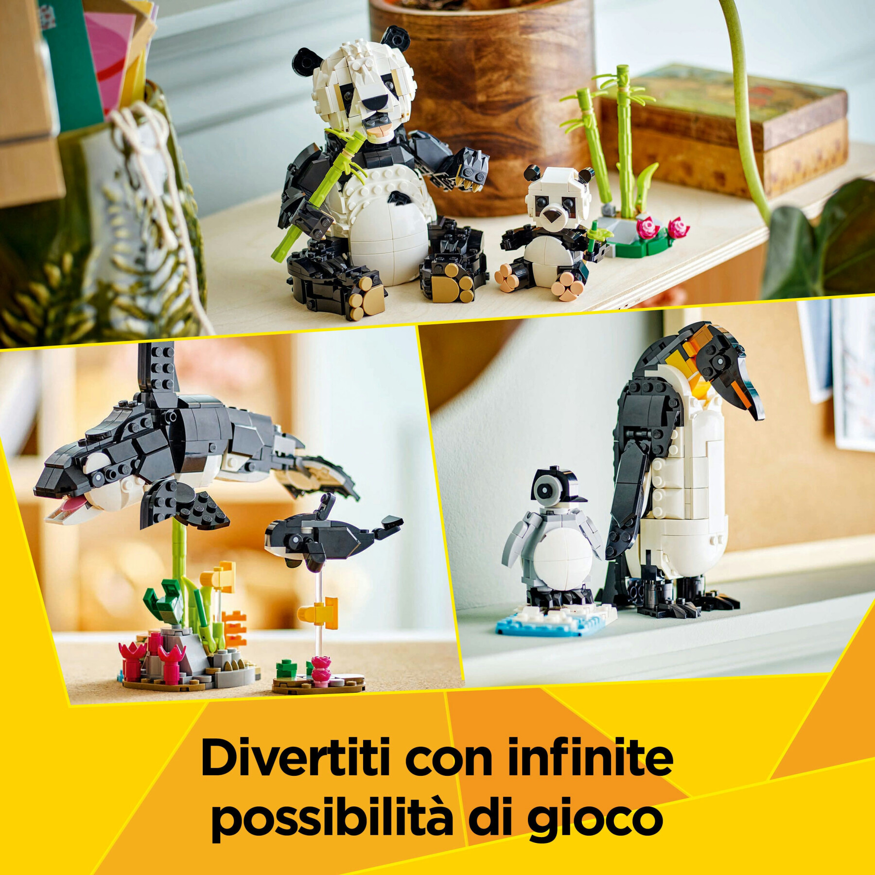 Lego creator 3 in 1 31165 animali selvatici: famiglia di panda giocattolo, si trasforma in pinguino e orca, giochi bambini 8+ - LEGO CREATOR