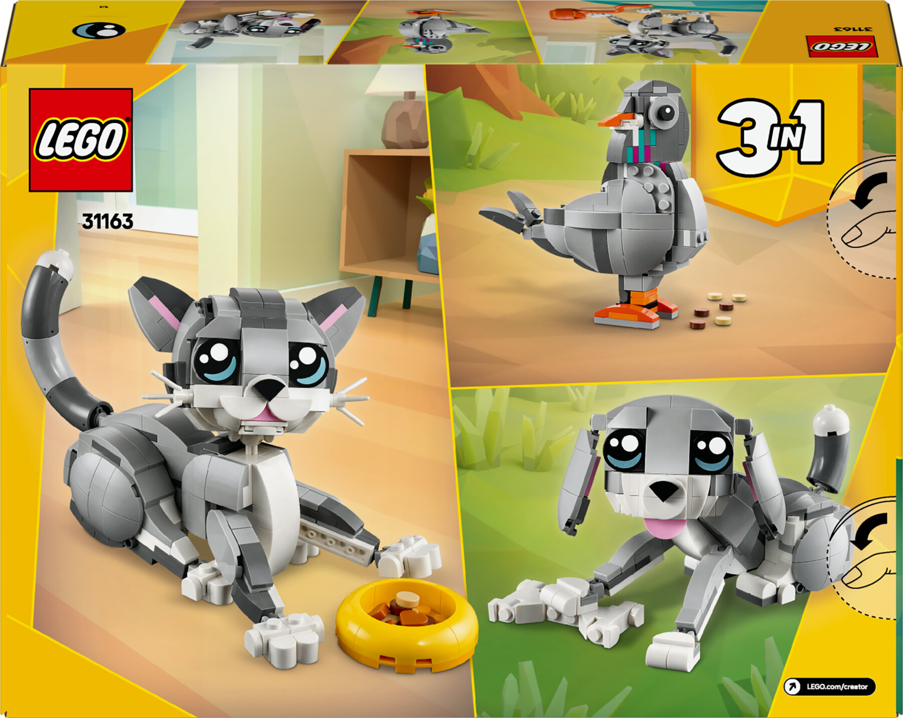 Lego creator 3 in 1 31163 gatto giocoso giocattolo, si trasforma in piccione o in cane - animali da costruire per bambini 8+ - LEGO CREATOR