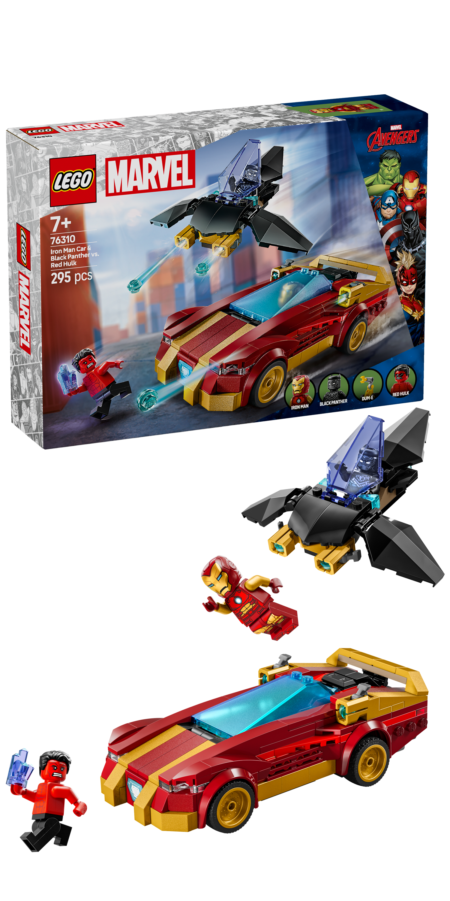 Lego marvel 76310 auto di iron man car e black panther contro hulk rosso, macchina giocattolo, aereo e 3 minifigure, bambini7+ - LEGO SUPER HEROES