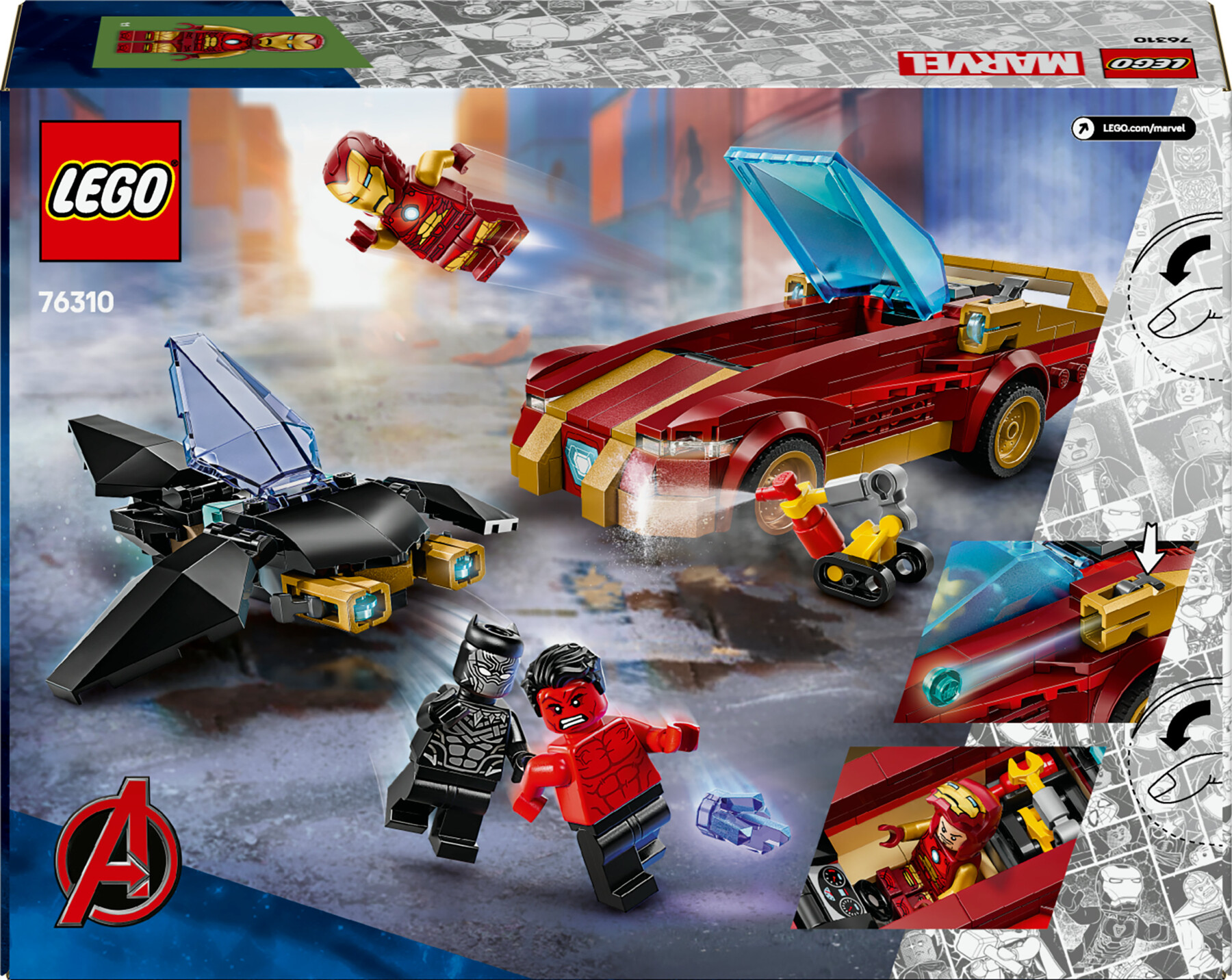 Lego marvel 76310 auto di iron man car e black panther contro hulk rosso, macchina giocattolo, aereo e 3 minifigure, bambini7+ - LEGO SUPER HEROES