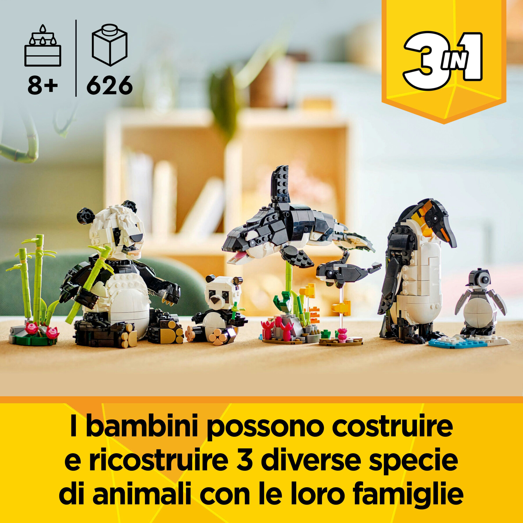 Lego creator 3 in 1 31165 animali selvatici: famiglia di panda giocattolo, si trasforma in pinguino e orca, giochi bambini 8+ - LEGO CREATOR